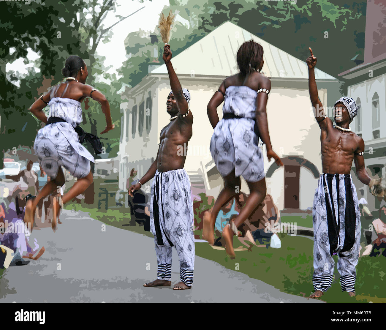 Kusa Dance and Music Ensemble from Ghana performing in Berkeley Springs, West Virginia in 2005. Photoshop manipulated background. Stock Photo