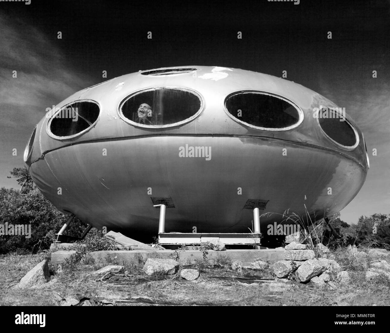 This 'UFO' is one of the few remaining Futuro Houses , a product of post-war Finland, designed by Matti Suuronen as a ski cabin. Frisco, NC USA. Stock Photo