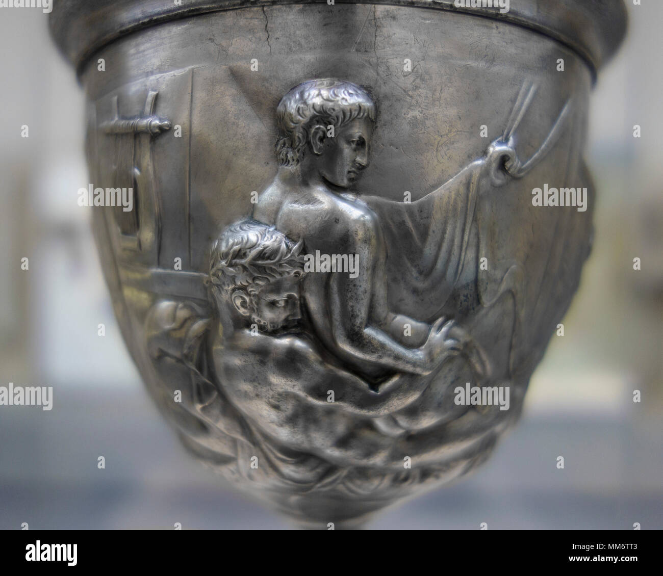 London. England. British Museum. The Warren Silver Cup, Roman drinking cup, decorated with reliefs of male same-sex acts, made about 15 BC-15 AD, said Stock Photo
