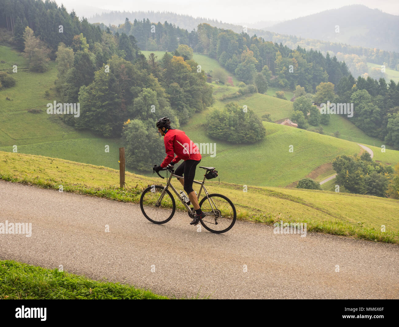 Man riding racing bicycle on cycling tour in the Southern Black Forest, Germany Stock Photo