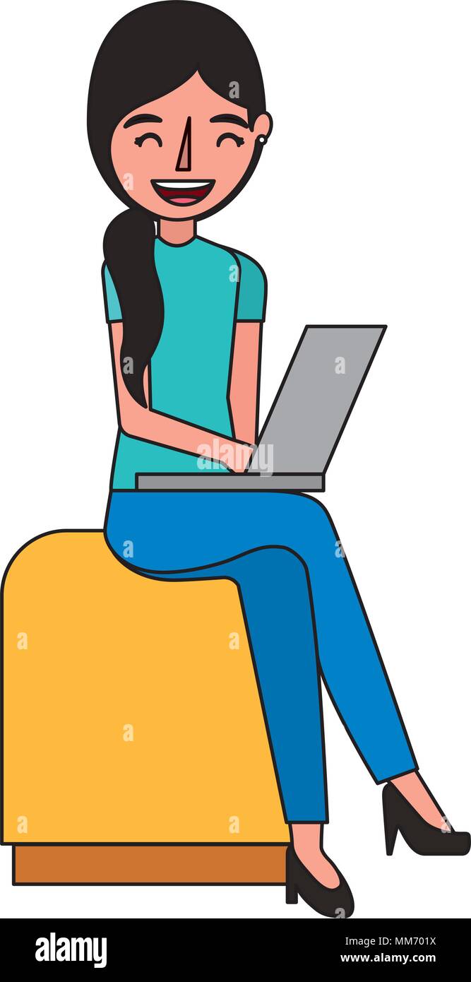 young woman sitting using laptop vector illustration Stock Vector Image ...