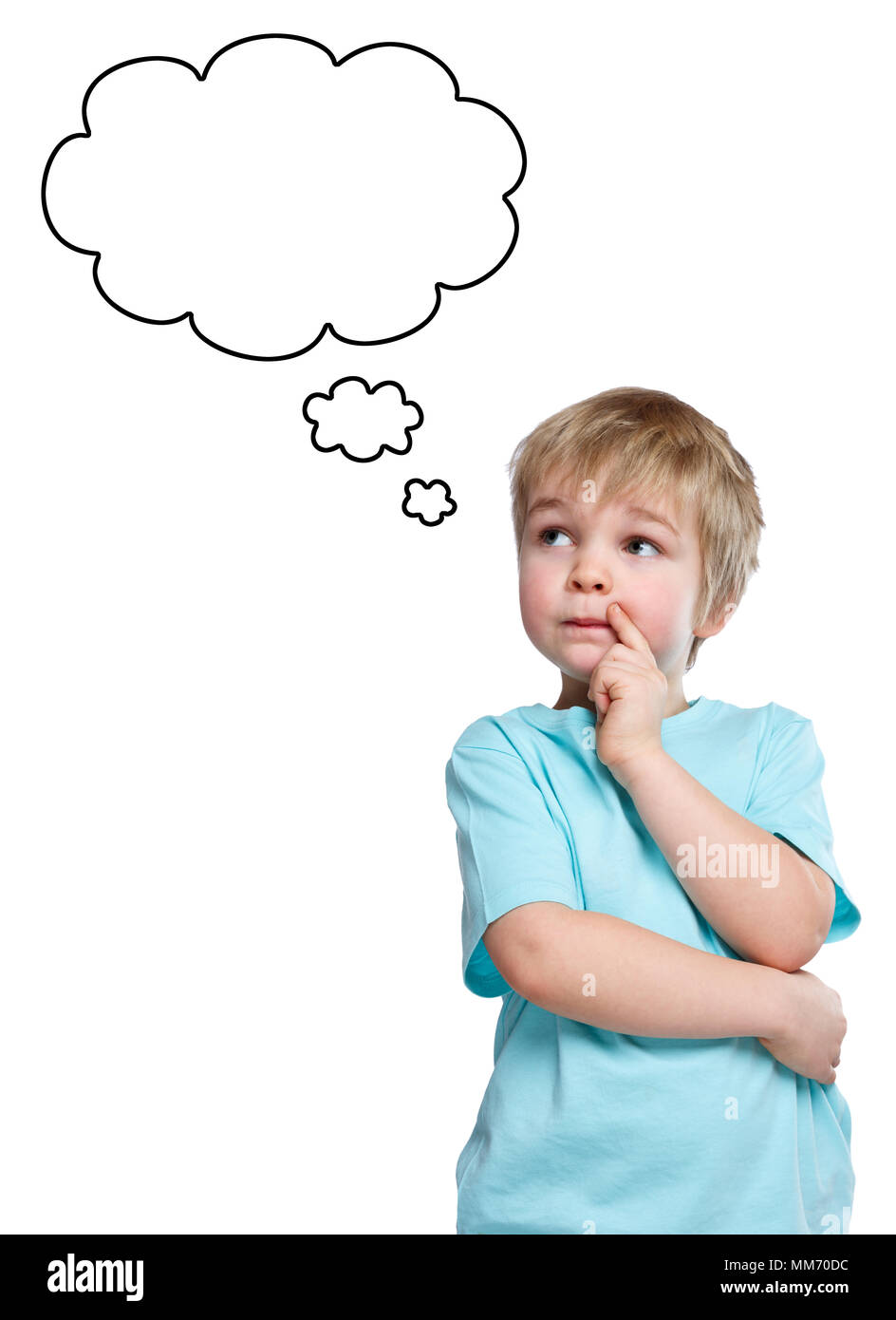 Child kid think thinking daydreaming young little boy speech bubble copyspace copy space Stock Photo