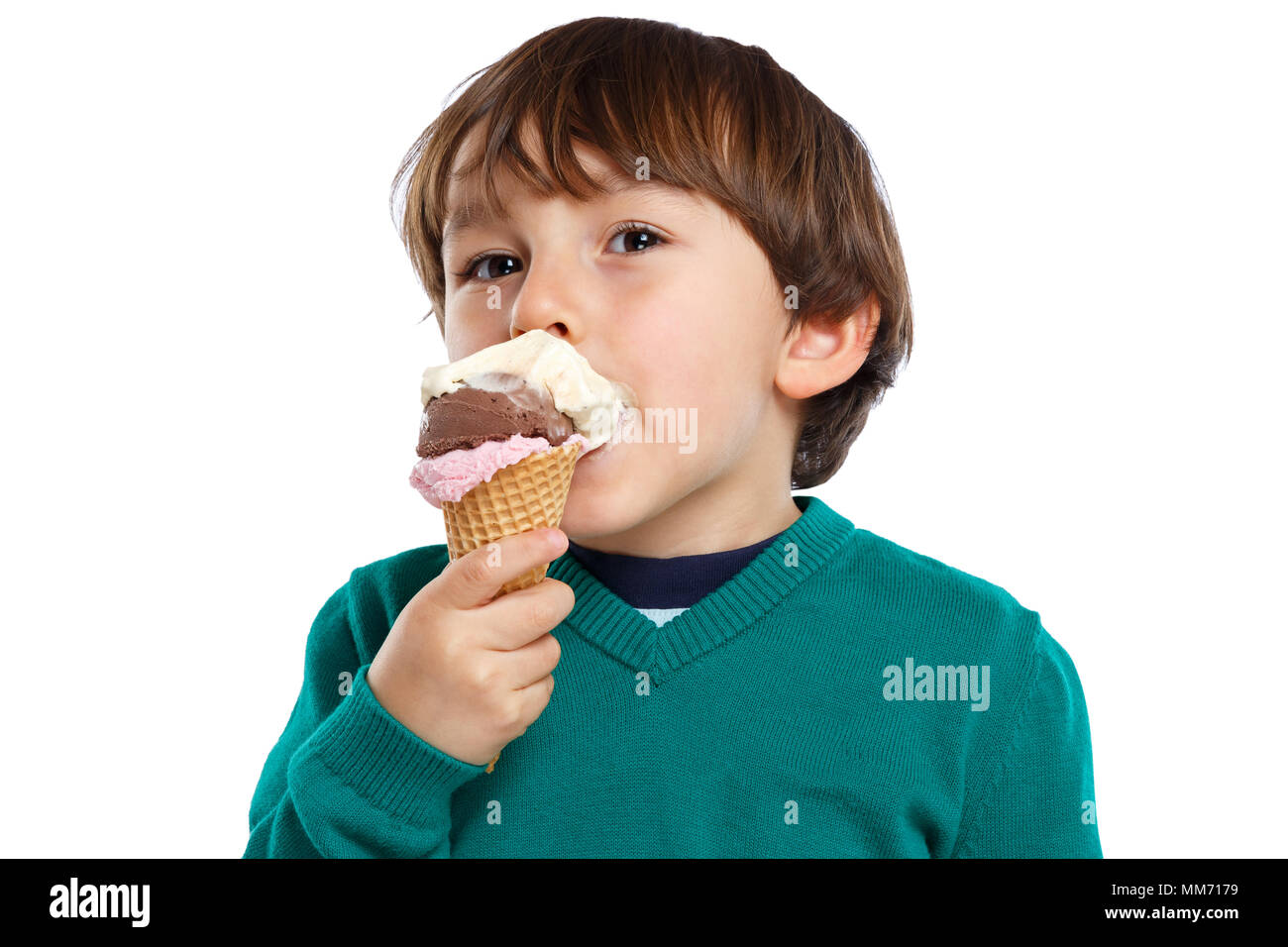 Ice cream scoop cone eating boy child kid summer isolated on a white background Stock Photo