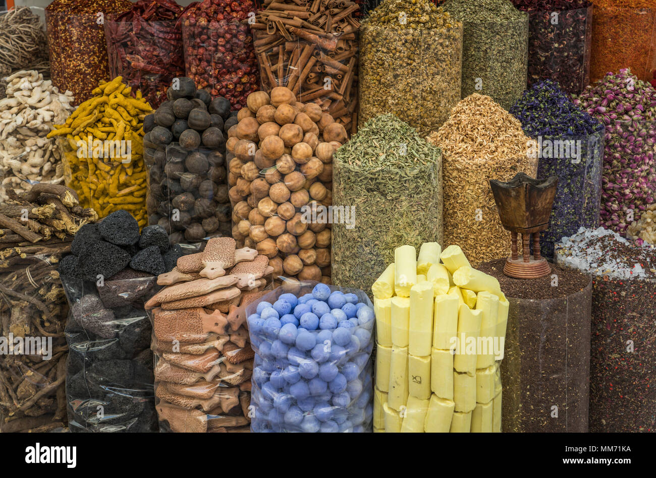 Spices for sale in the spice market of the old town souk of Dubai, UAE, Middle East. Stock Photo