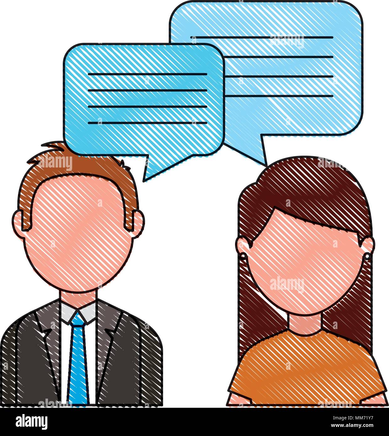 woman and man with dialog speech bubbles vector illustration drawing Stock Vector