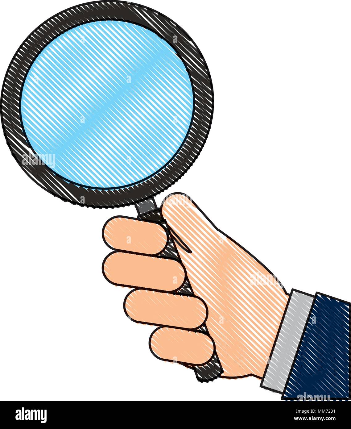 hand holding magnifying glass finding vector illustration drawing Stock Vector