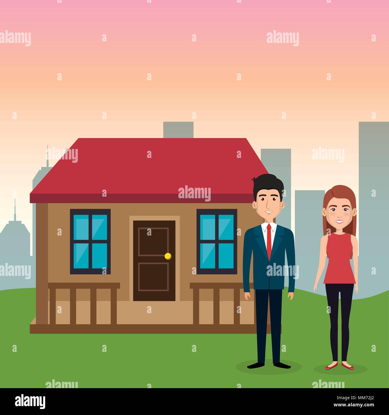young couple in the landscape avatars characters Stock Vector