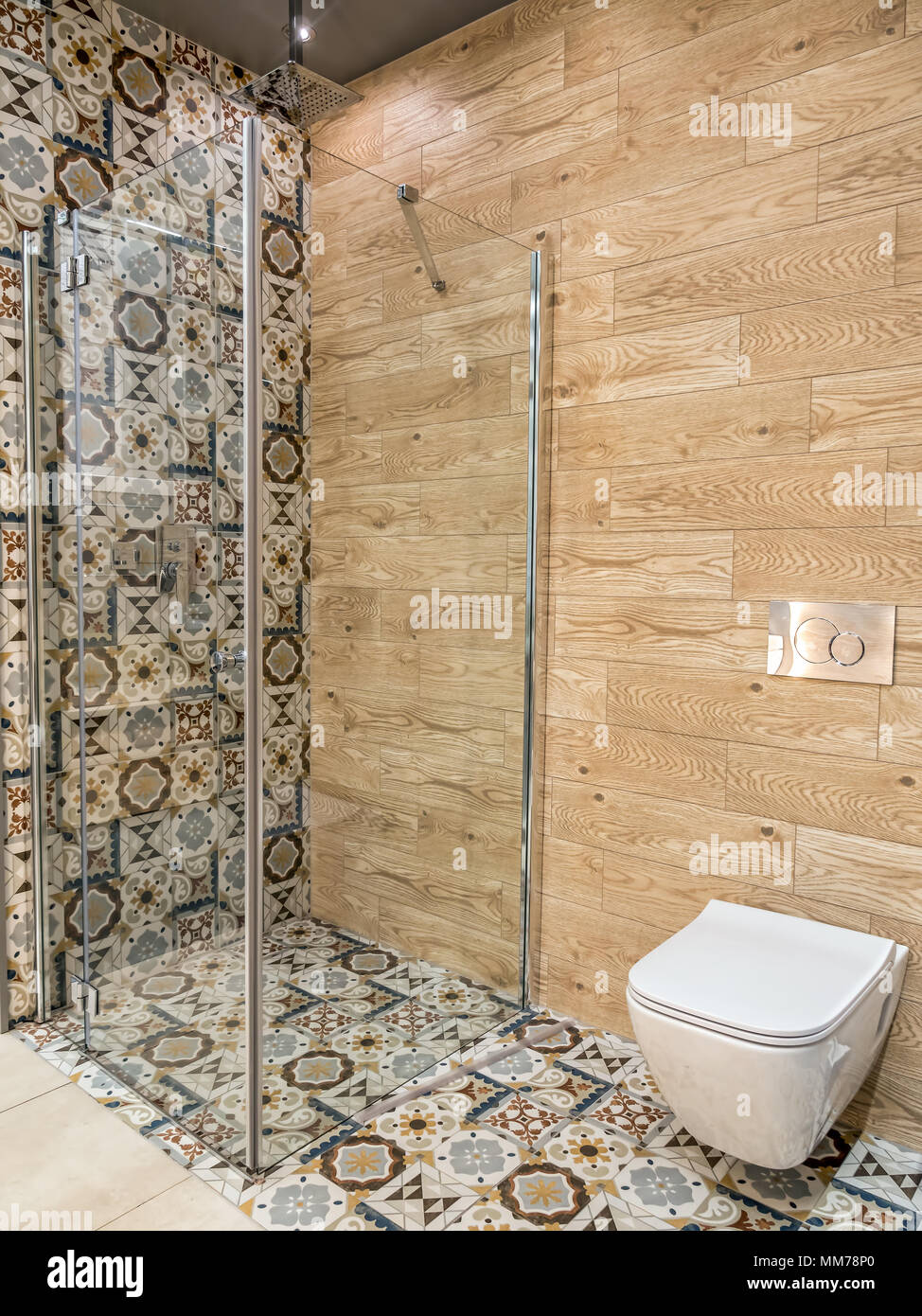Stylish bathroom with shower cabin and toilet bowl Stock Photo - Alamy