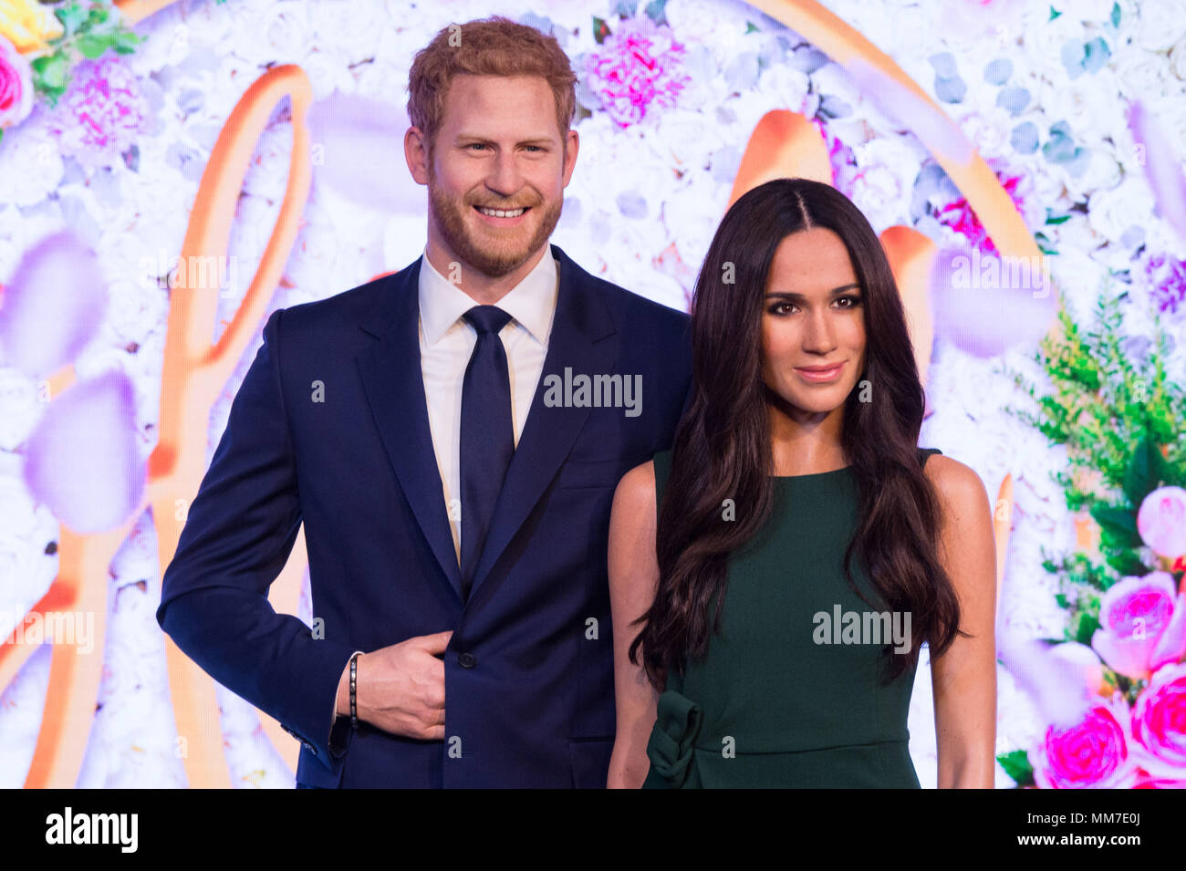 London, UK. 9th May, 2018. Photo taken on May 9, 2018 shows wax figures of Meghan Markle and Prince Harry at Madame Tussauds in London, Britain. A new wax figure of Meghan Markle was unveiled ahead of her wedding to Prince Harry on May 19 at Madame Tussauds London on Wednesday. Credit: Ray Tang/Xinhua/Alamy Live News Stock Photo