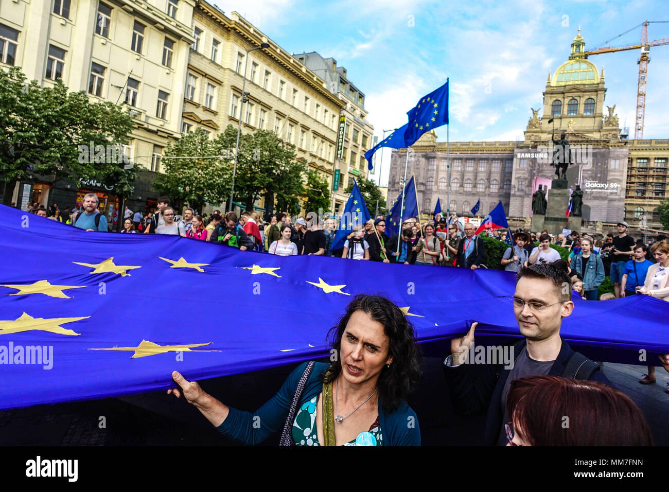 Prague, Czech Republic People on a demonstration against Prime Minister Babis, President Zeman and the Communists, EU supporters with Large European Union flag people Stock Photo