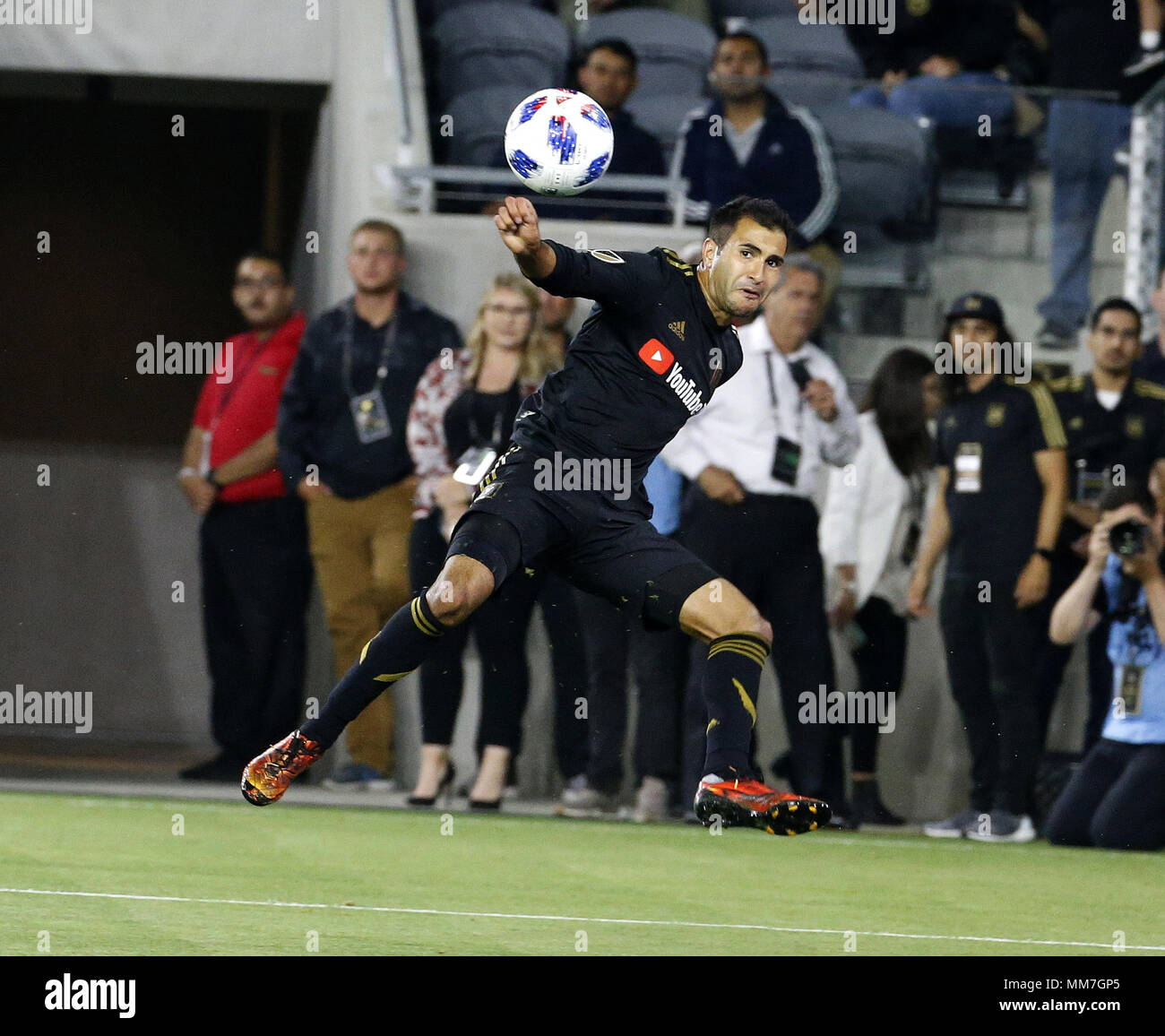 Los Angeles, California, USA. 9th May, 2018. Los Angeles FC defender Steven Beitashour (3) shoots during an MLS soccer game between Los Angeles FC and Minnesota United at Banc of California Stadium in Los Angeles, Wednesday, May 9, 2018. The LAFC won 2-0. Credit: Ringo Chiu/ZUMA Wire/Alamy Live News Stock Photo
