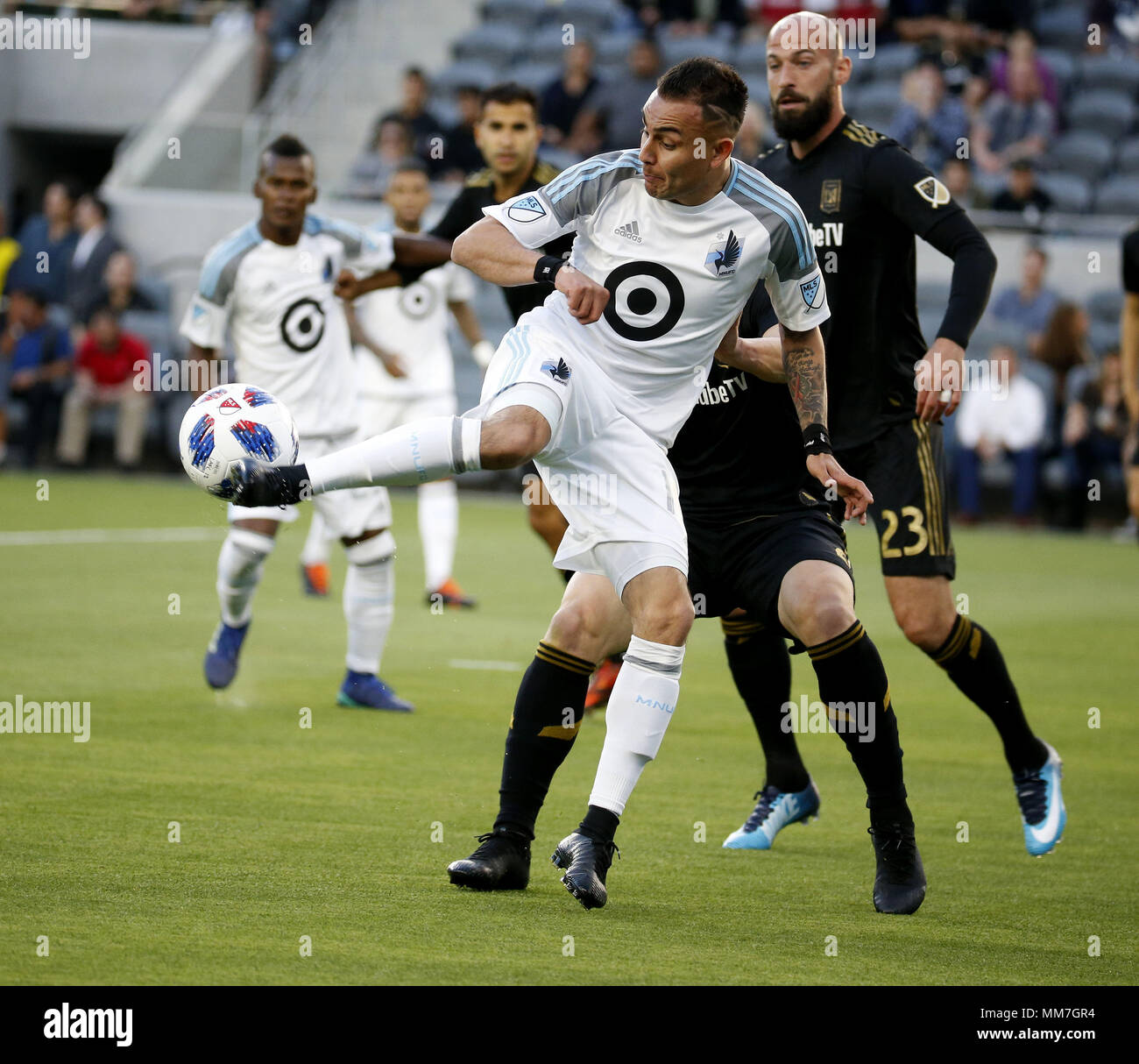 Los Angeles, California, USA. 9th May, 2018. Minnesota United midfielder Miguel Ibarra (10) controls the ball during an MLS soccer game between Los Angeles FC and Minnesota United at Banc of California Stadium in Los Angeles, Wednesday, May 9, 2018. The LAFC won 2-0. Credit: Ringo Chiu/ZUMA Wire/Alamy Live News Stock Photo