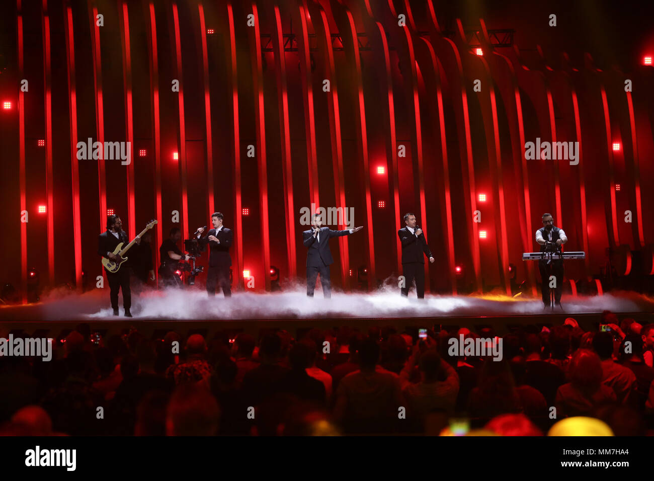 09 May 2018, Portugal, Lisbon: Ethno-Jazz band Iriao from Georgia standing  on the stage during the second dress rehearsal of the second semi final at  the Eurovision Song Contest. The final takes