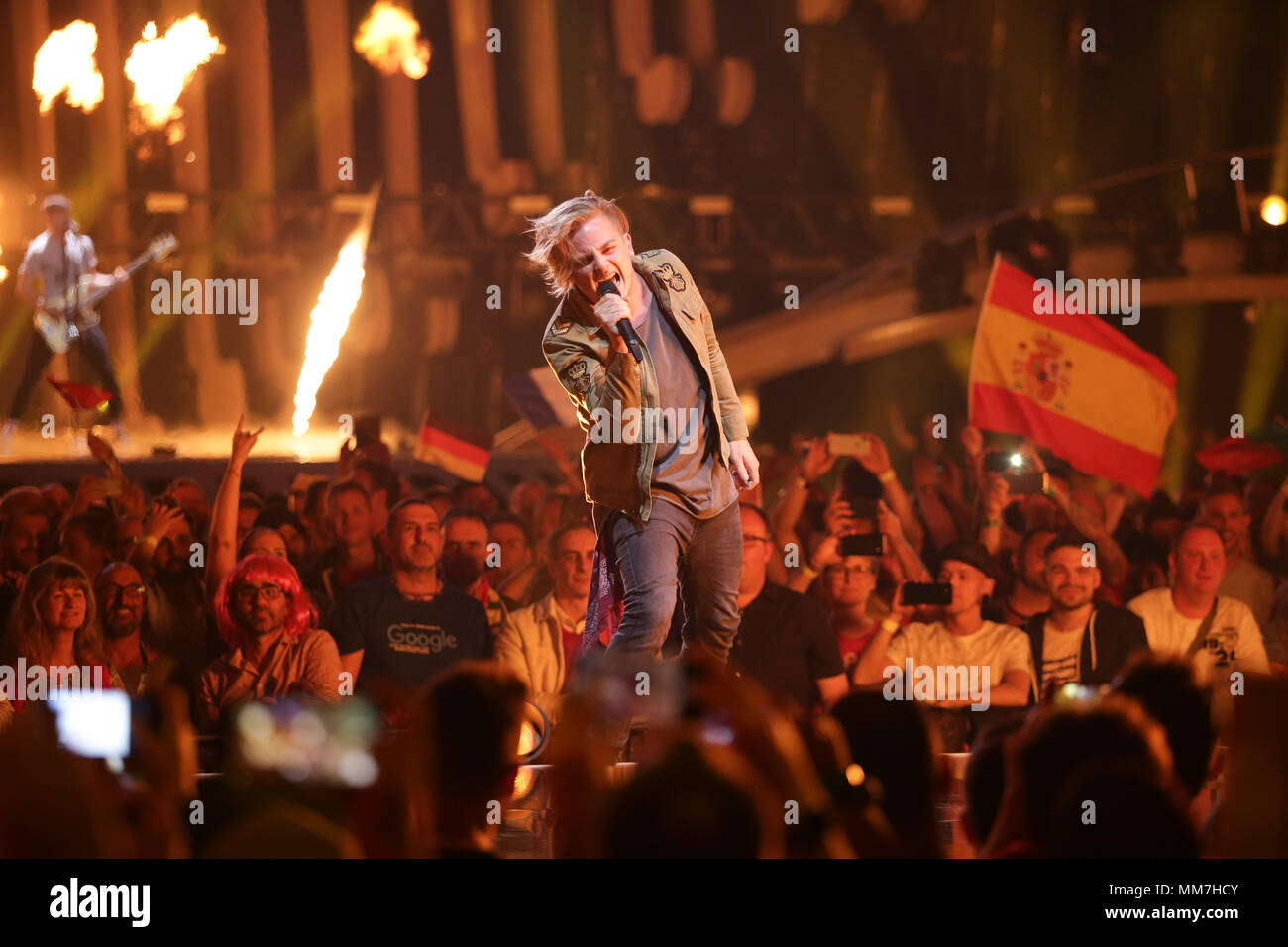 09 May 2018, Portugal, Lisbon: Hungary's AWS standing on the stage during  the second dress rehearsal of the second semi final at the Eurovision Song  Contest. The final takes place on the