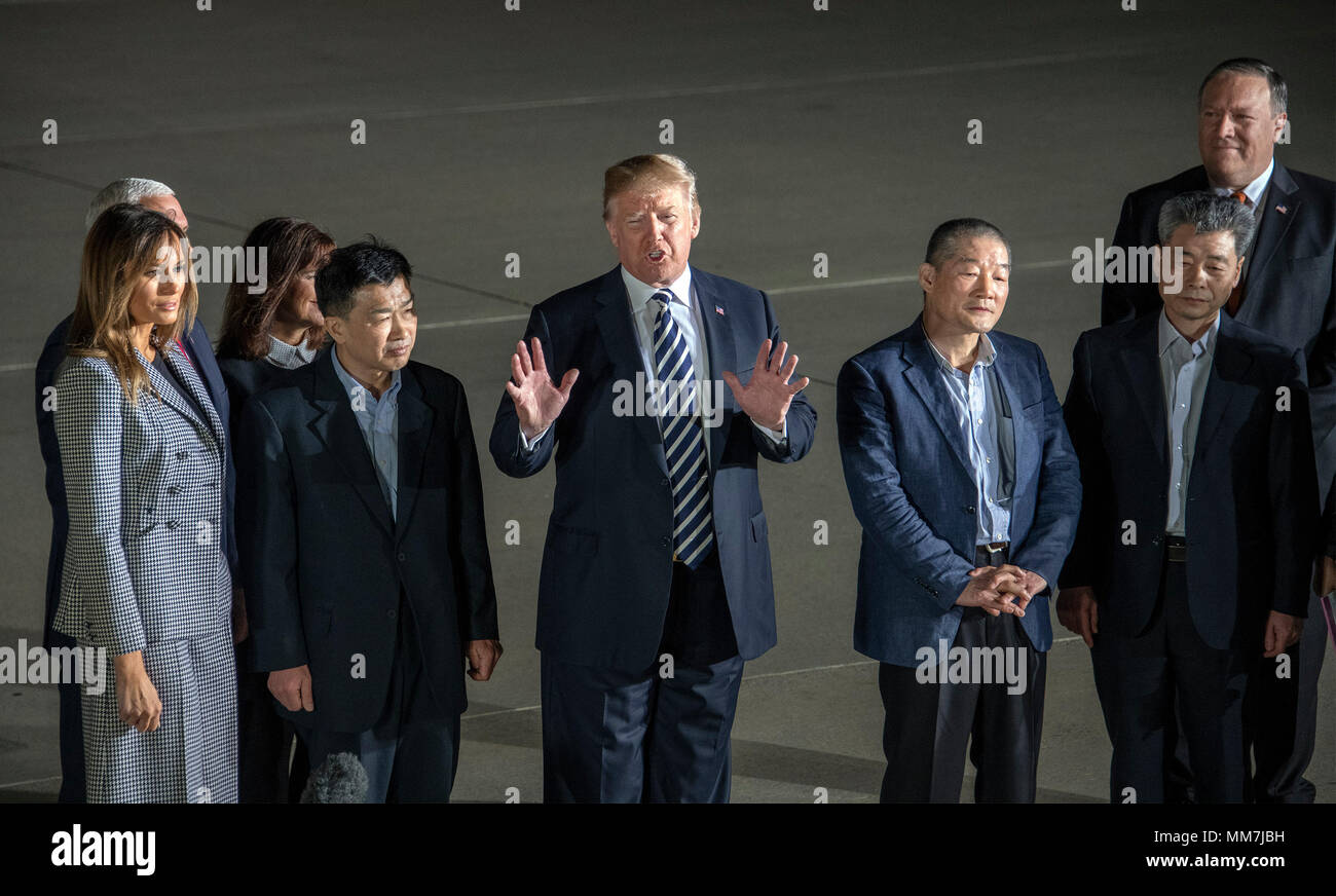 Joint Base Andrews, Maryland, USA. 10th May, 2018. United States President Donald J. Trump makes remarks to the press as he welcomes Kim Dong Chul, Kim Hak Song and Tony Kim back to the US at Joint Base Andrews in Maryland on Thursday, May 10, 2018. The three men were imprisoned in North Korea for periods ranging from one and two years. Credit: dpa picture alliance/Alamy Live News Stock Photo