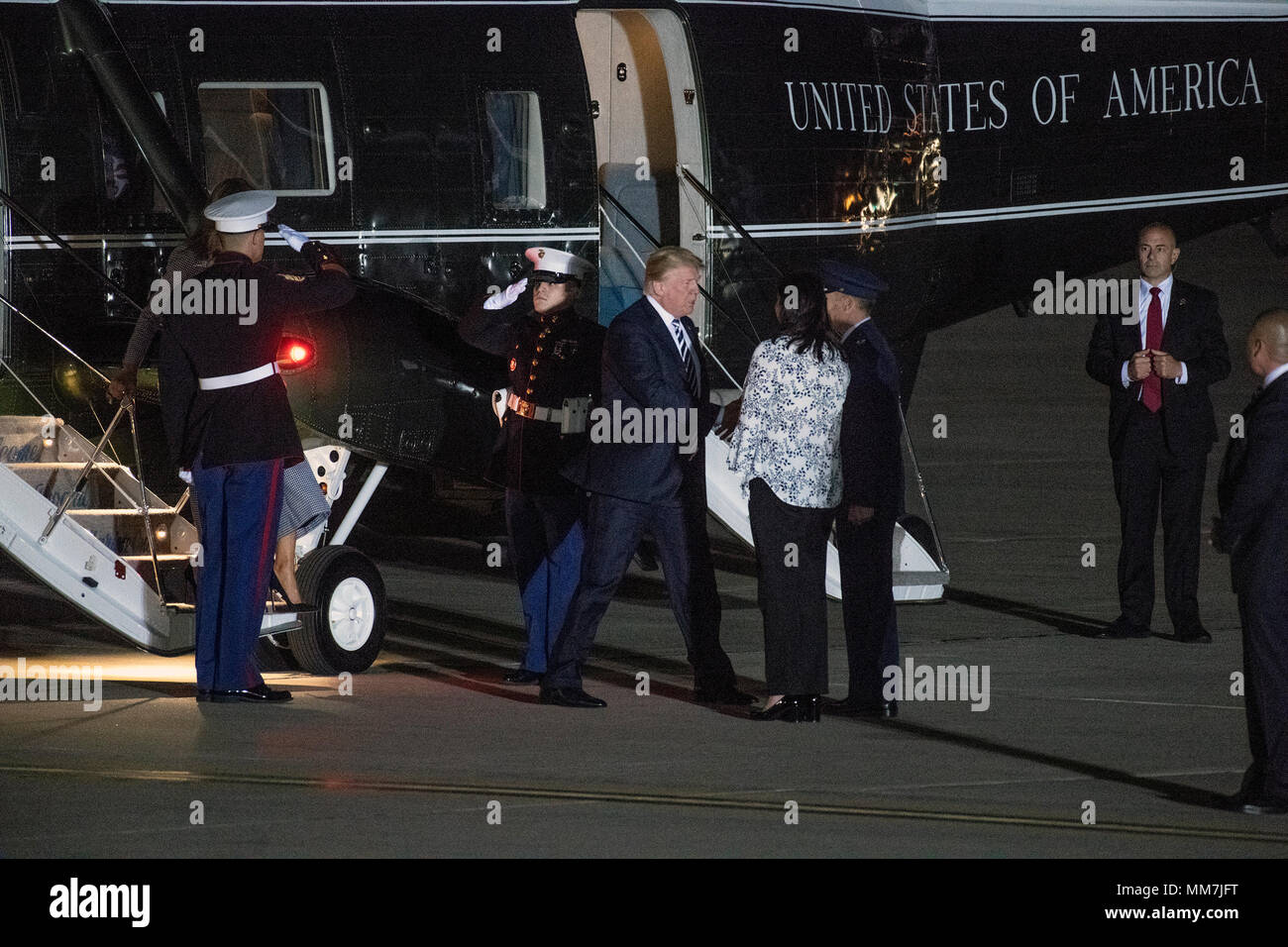 Joint Base Andrews, Maryland, USA. 10th May, 2018. United States President Donald J. Trump arrives at Joint Base Andrews in Maryland to welcome Kim Dong Chul, Kim Hak Song and Tony Kim back to the US on Thursday, May 10, 2018. The three men were imprisoned in North Korea for periods ranging from one and two years. Credit: dpa picture alliance/Alamy Live News Stock Photo