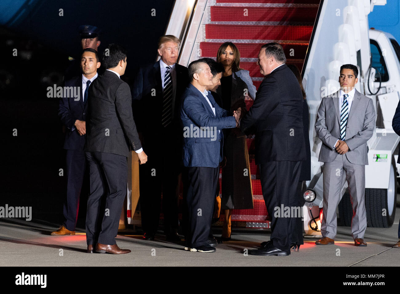 President Donald Trump and his wife Melania exiting the plane with the three American detainees (Kim Dong-chul, Kim Hak-song, and Tony Kim) held in captivity in North Korea with Secretary of State Mike Pompeo at the base of the stairs, at Joint Base Andrews in Suitland. Stock Photo
