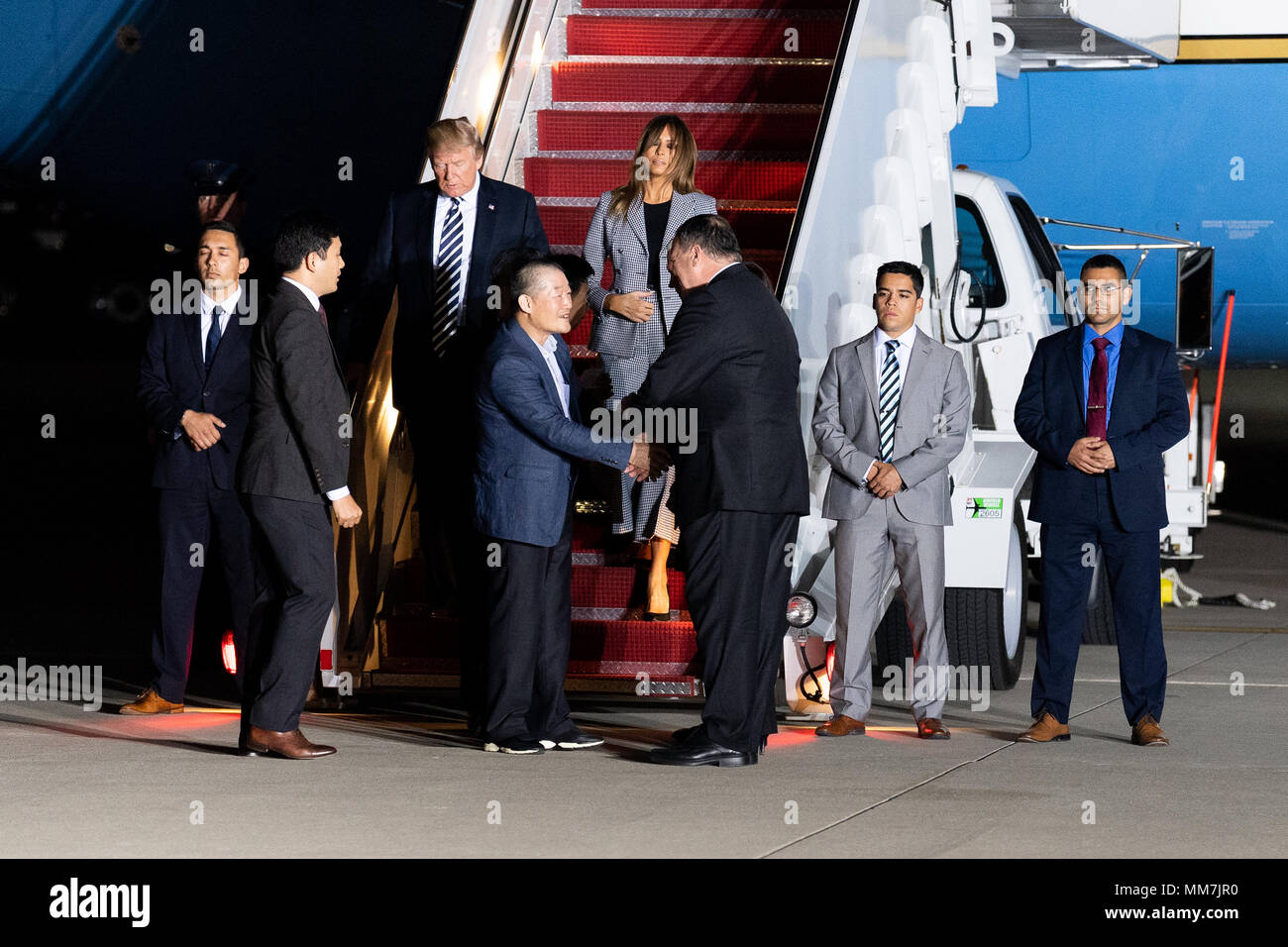 President Donald Trump and his wife Melania exiting the plane with the three American detainees (Kim Dong-chul, Kim Hak-song, and Tony Kim) held in captivity in North Korea with Secretary of State Mike Pompeo at the base of the stairs, at Joint Base Andrews in Suitland. Stock Photo