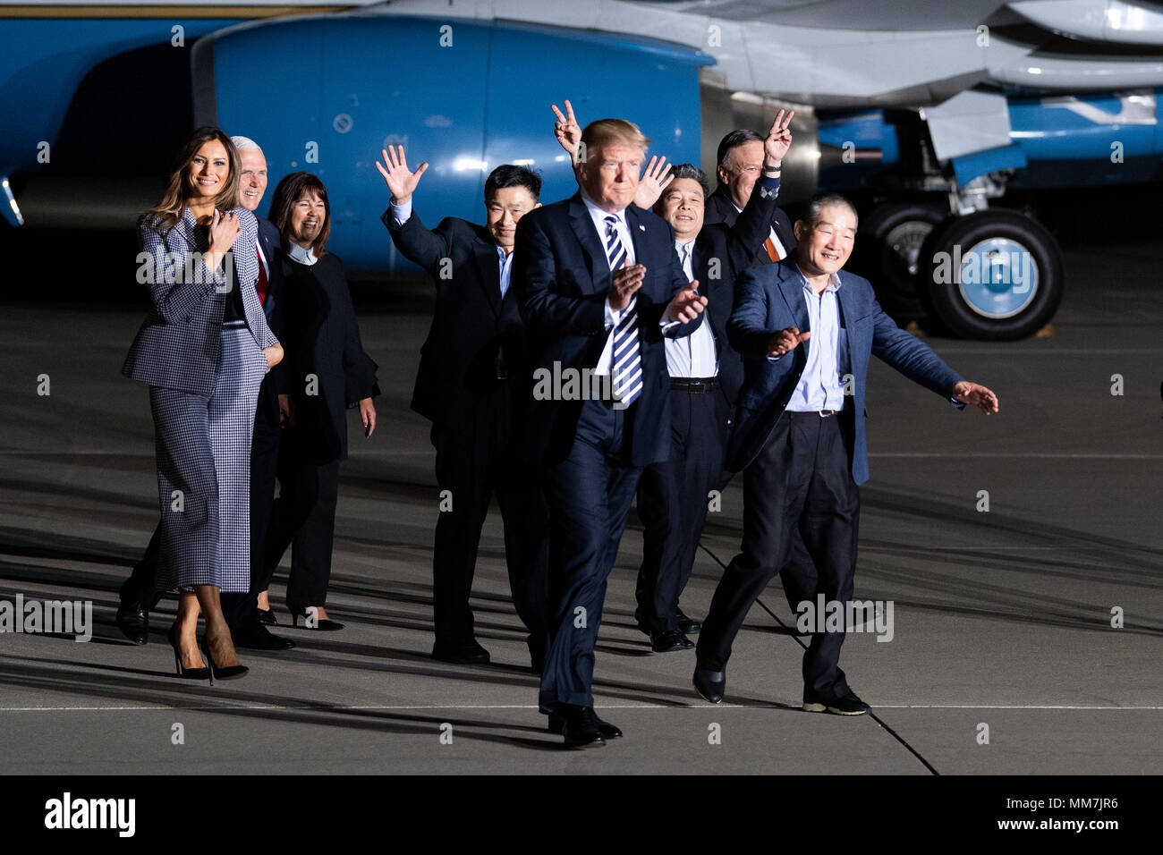 President Donald Trump and his wife Melania leaving the plane with the three American detainees (Kim Dong-chul, Kim Hak-song, and Tony Kim) held in captivity in North Korea along with Secretary of State Mike Pompeo, at Joint Base Andrews in Suitland. Stock Photo