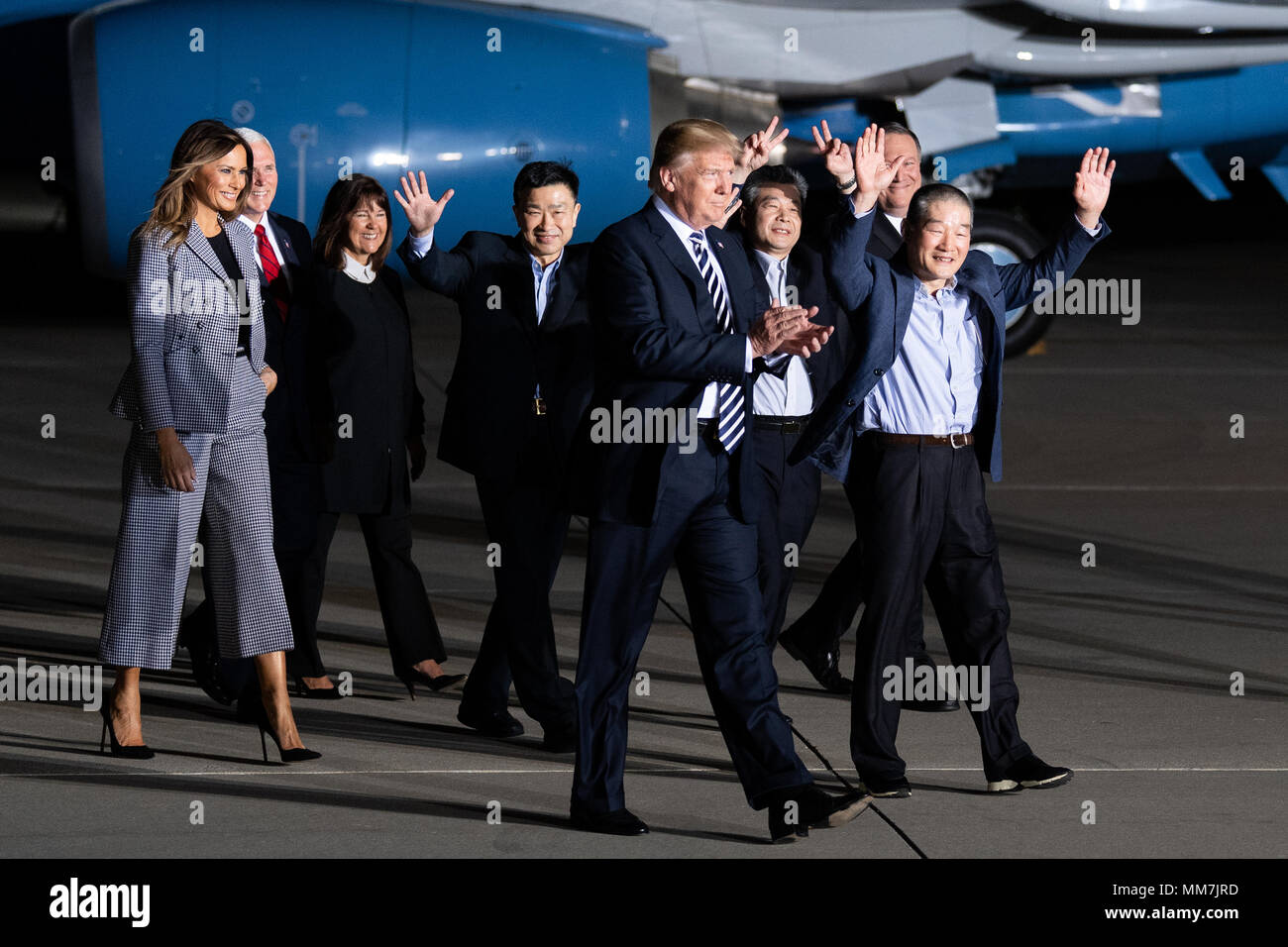 President Donald Trump and his wife Melania leaving the plane with the three American detainees (Kim Dong-chul, Kim Hak-song, and Tony Kim) held in captivity in North Korea along with Secretary of State Mike Pompeo, at Joint Base Andrews in Suitland. Stock Photo