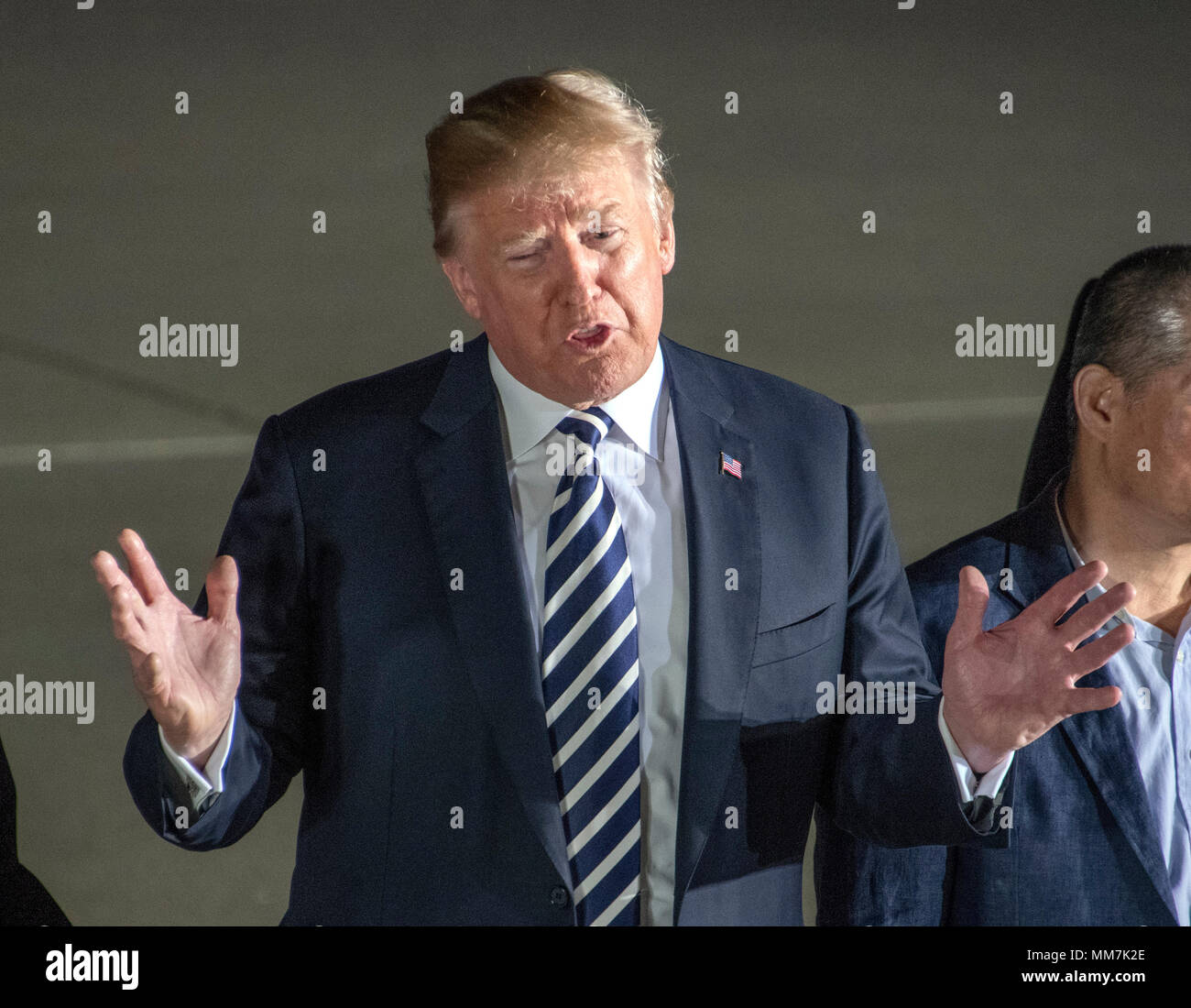 Joint Base Andrews, Maryland, USA. 10th May, 2018. United States President Donald J. Trump makes remarks to the press as he welcomes Kim Dong Chul, Kim Hak Song and Tony Kim back to the US at Joint Base Andrews in Maryland on Thursday, May 10, 2018. The three men were imprisoned in North Korea for periods ranging from one and two years. Credit: dpa picture alliance/Alamy Live News Stock Photo