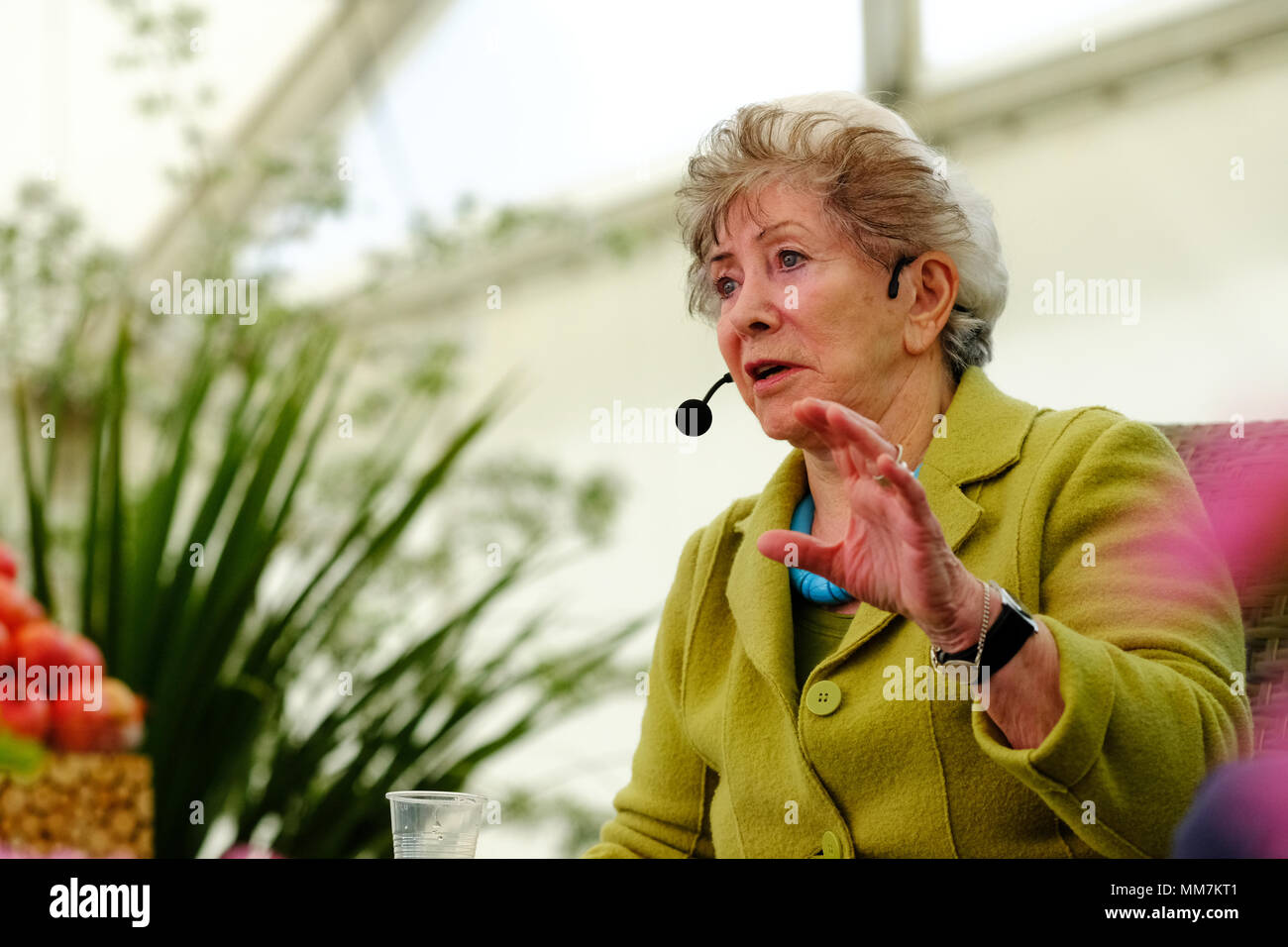 Malvern, UK. RHS Malvern Spring Festival - Thursday 10th May 2018 - Opening Day for this years RHS Malvern Spring Festival - Former TV presenter Valerie Singleton ( now aged 81 years ) talked about her years on the childrens program Blue Peter as the show celebrates 60 years. Photo Steven May / Alamy Live News Stock Photo