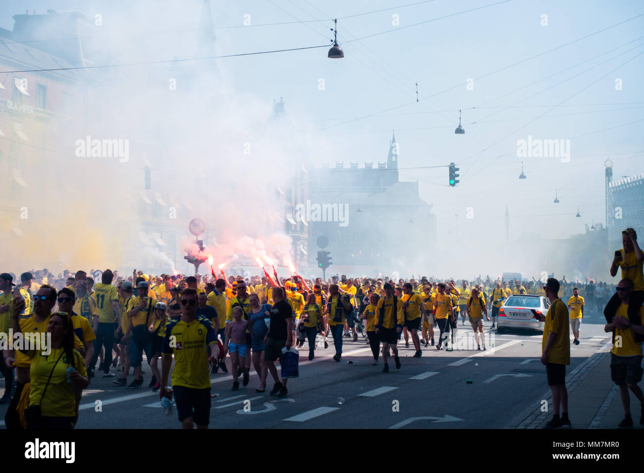 Copenhagen Denmark Brondby If Football Supporters Flood Into The Street From City Hall Square In Copenhagen