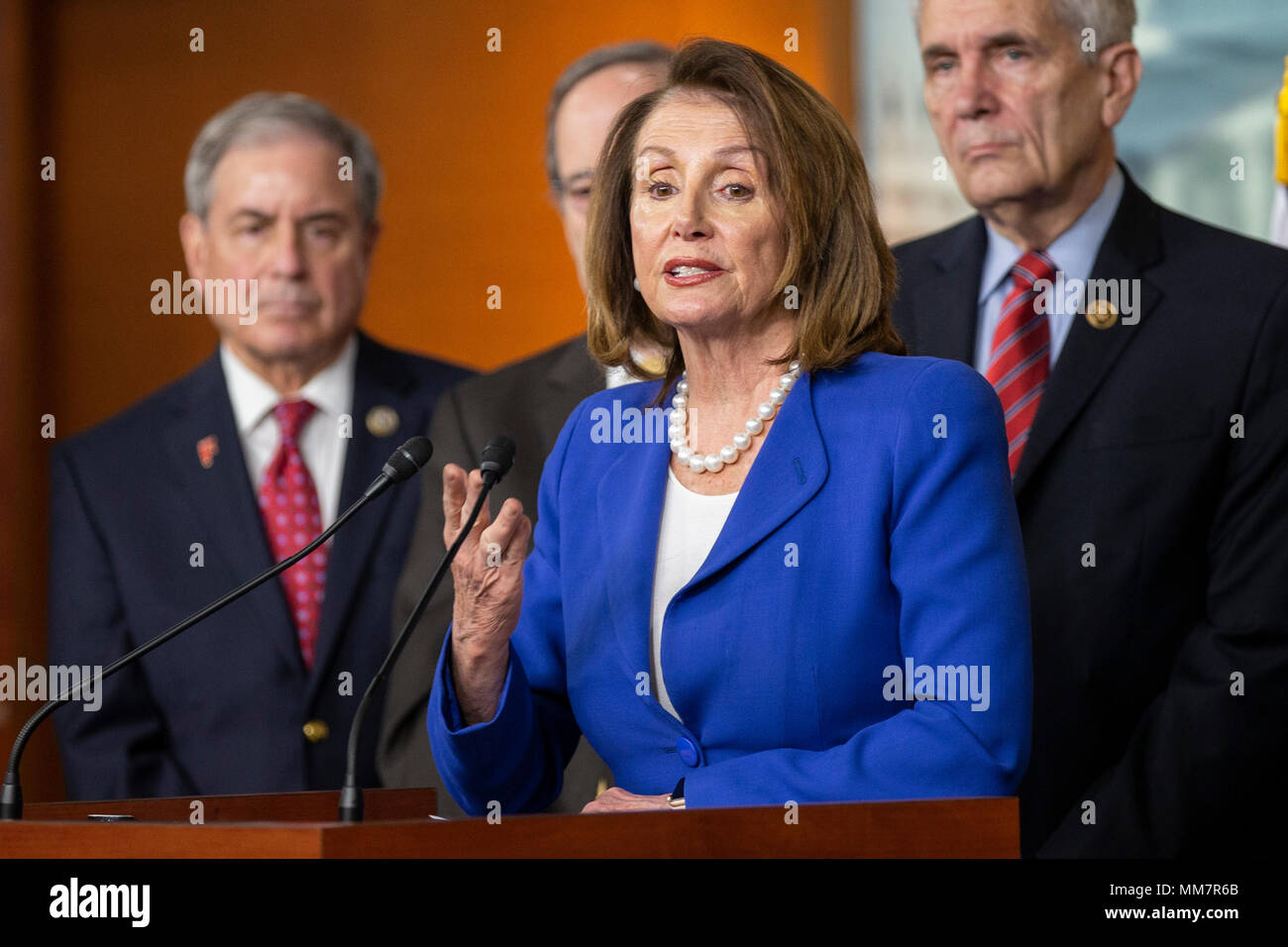 Washington, USA. 10th May, 2018. House of Representatives Democratic Leader Nancy Pelosi, Democrat of California, speaks during her weekly news conference on Capitol Hill in Washington, DC on May 10, 2018. Credit: The Photo Access/Alamy Live News Stock Photo