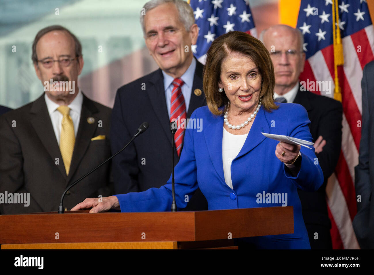 Washington, USA. 10th May, 2018. House of Representatives Democratic Leader Nancy Pelosi, Democrat of California, speaks during her weekly news conference on Capitol Hill in Washington, DC on May 10, 2018. Credit: The Photo Access/Alamy Live News Stock Photo