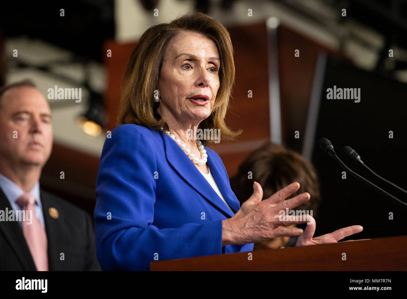 Washington, USA. 10th May, 2018. House of Representatives Democratic Leader Nancy Pelosi, Democrat of California, speaks during her weekly news conference on Capitol Hill in Washington, DC on May 10, 2018. Credit: The Photo Access/Alamy Live News Stock Photo