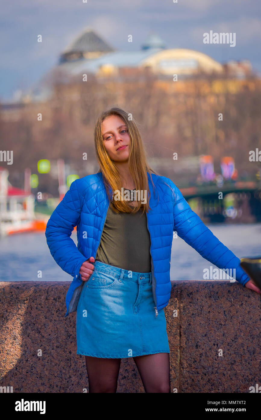 st petersburg russia 01 may 2018 blonde russian woman wearing