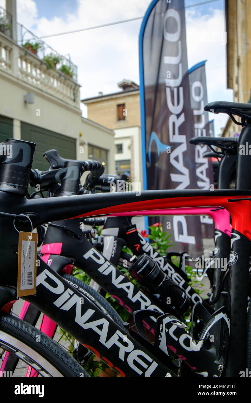 Pinarello race bikes at the headquarter of Pinarello in the center of Treviso, Italy. The high-end bikes reach world class level in cycling. Stock Photo