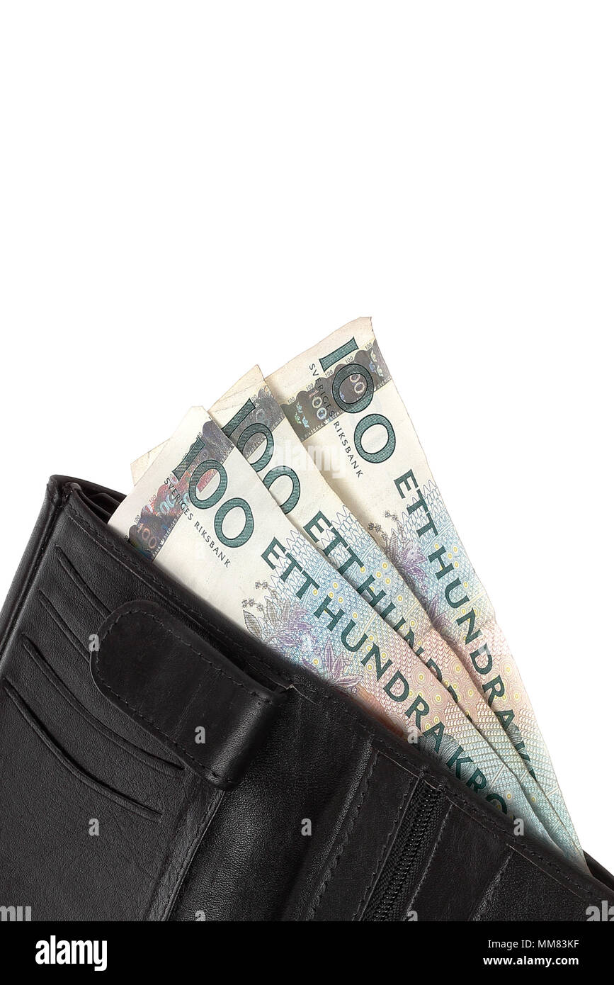 Black wallet with three one hundred Swedish krona banknotes, isolated ...
