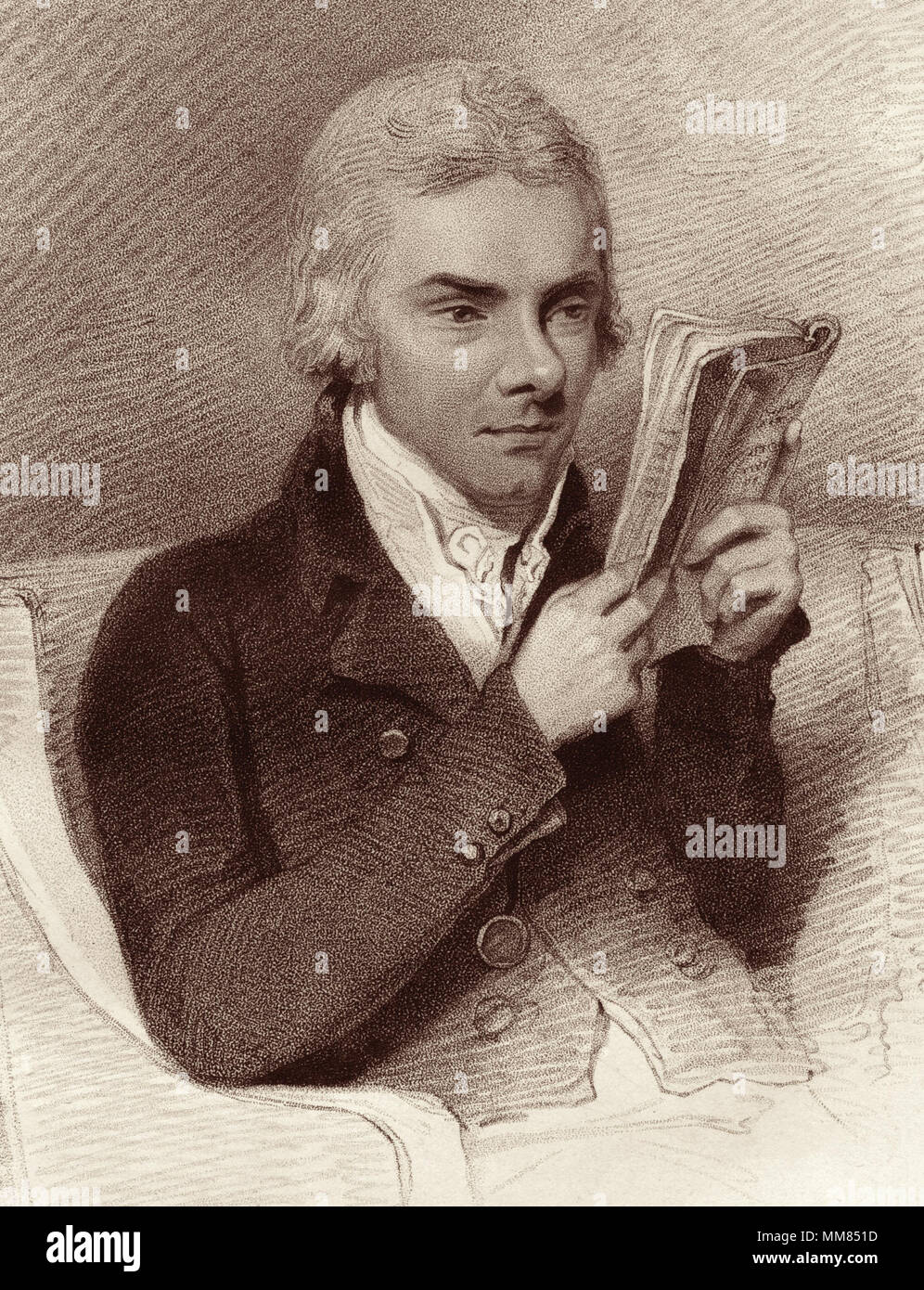 William Wilberforce (1759-1833), a British politician, evangelical Christian and leading abolitionist in the 18th and 19th century, in an 1809 engraving by Geovanni Vendramini from artwork by Henry Edridge. Stock Photo