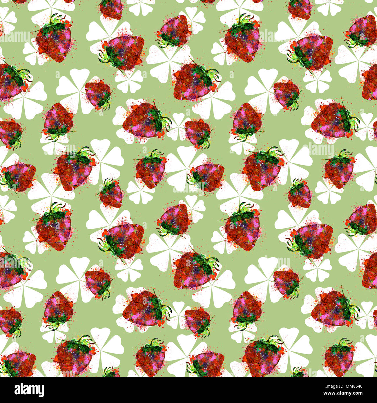 Splattered Paint Berries and Flowers Seamless Pattern. Strawberry and ...