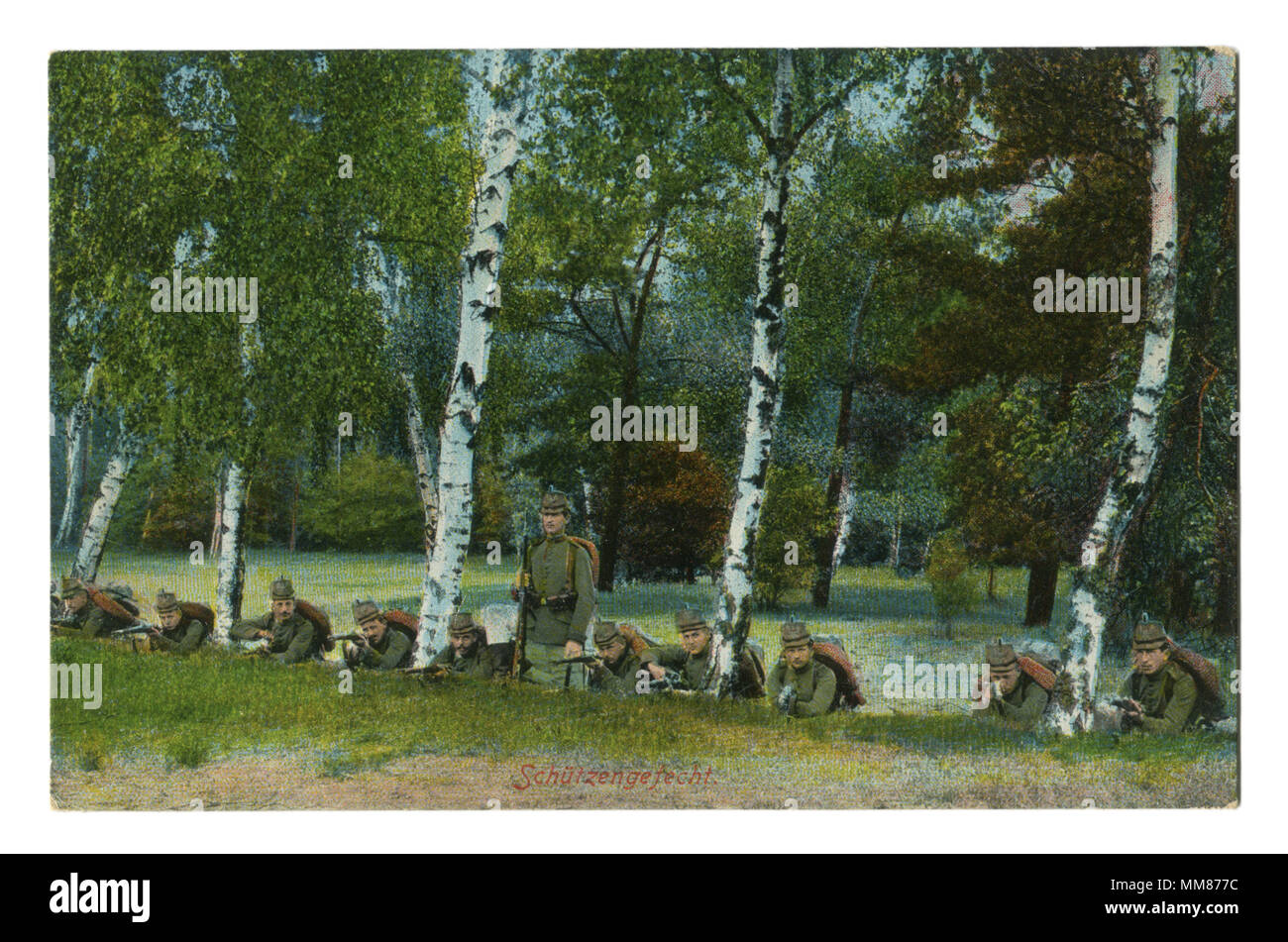 Old German postcard: The painted photo, division of soldiers-Rangers in the wood among trees prepare for defense. world war I 1914-1918, Germany Stock Photo