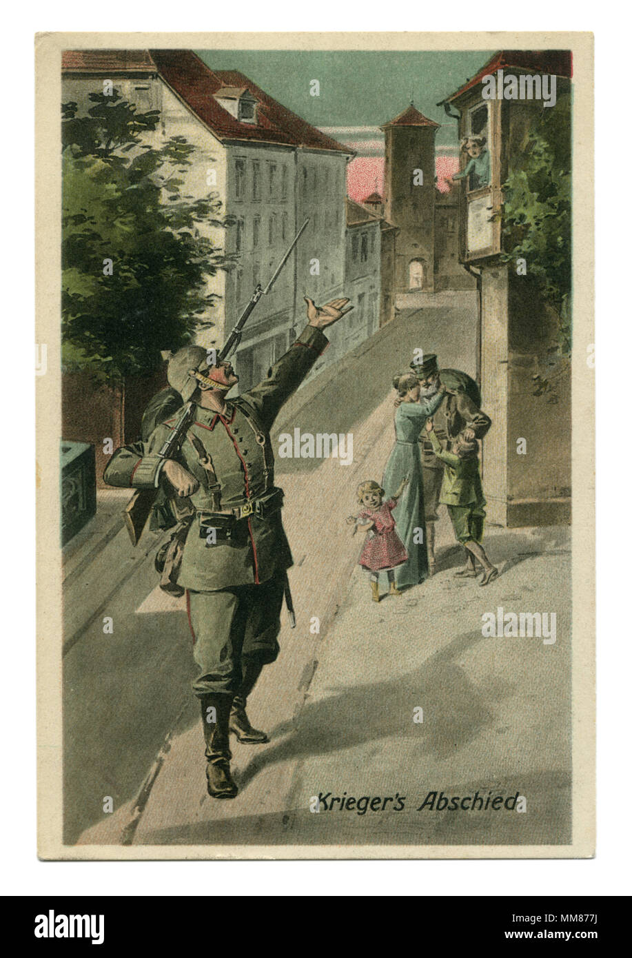 Old German postcard: A soldier in uniform, with a rifle and helmet waving his hand to his wife, says goodbye and goes to the front to world war I 1914 Stock Photo