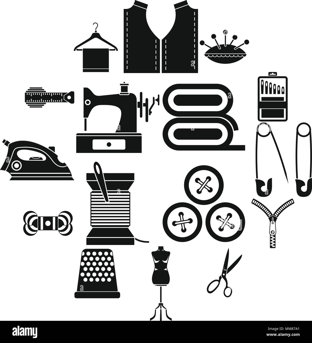 Sewing icons set, simple style Stock Vector