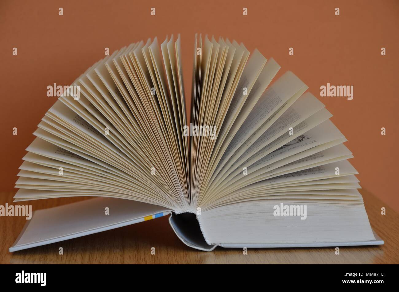 Open Book forming a fan on wooden Table Stock Photo