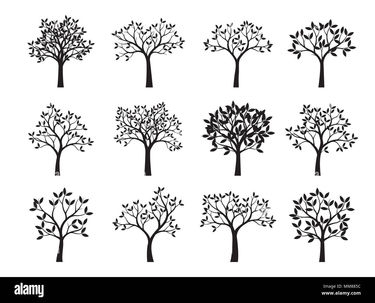 Set of black Trees with Leaves. Vector Illustration. Plants and garden