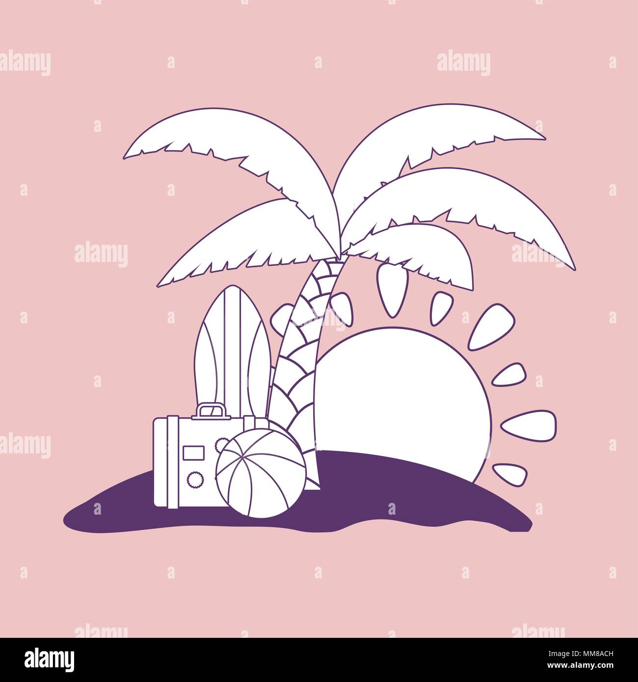 beach with tropical palm and summer related icons over pink background ...