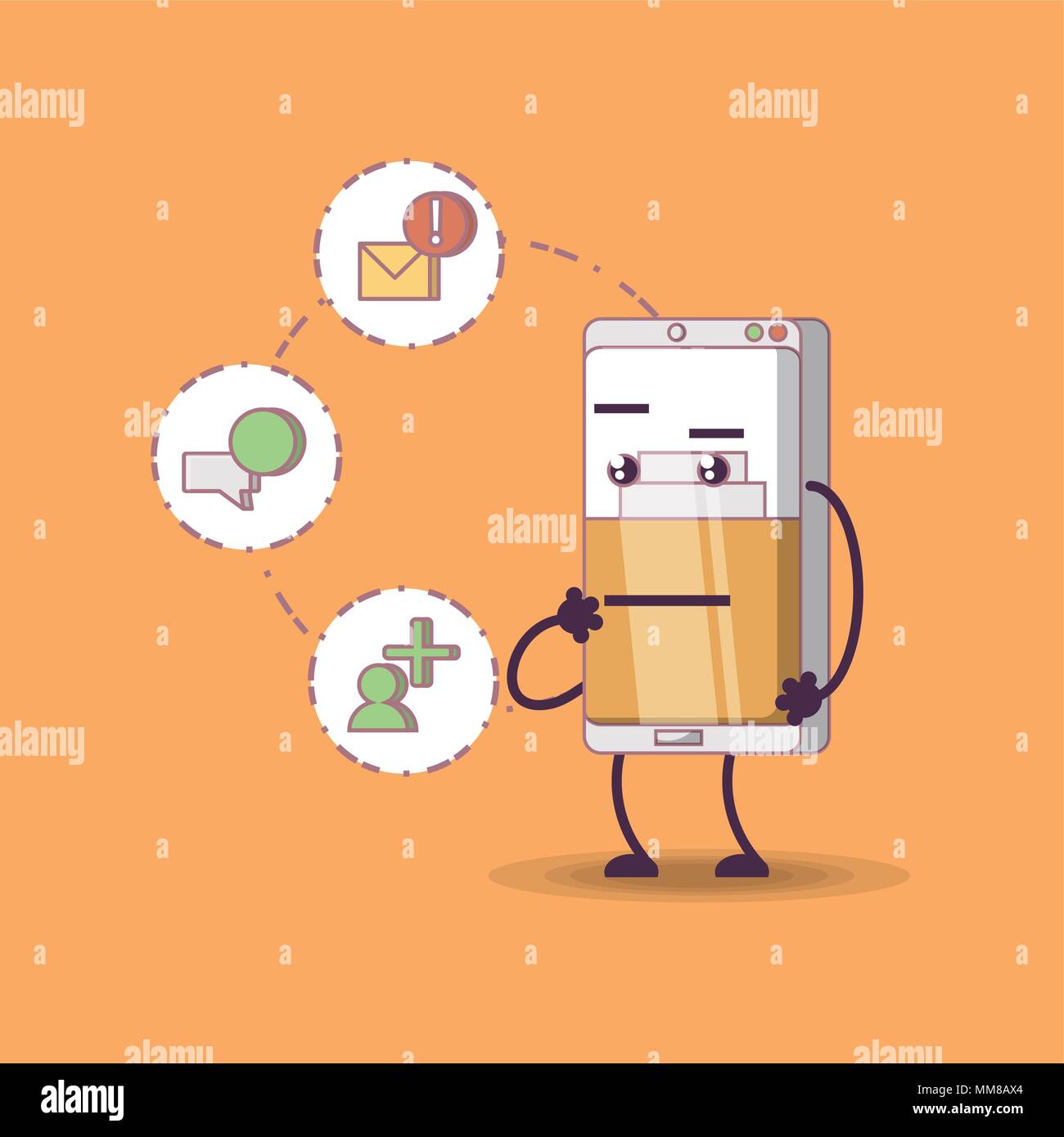 cartoon smartphone with social media related icons over orange ...