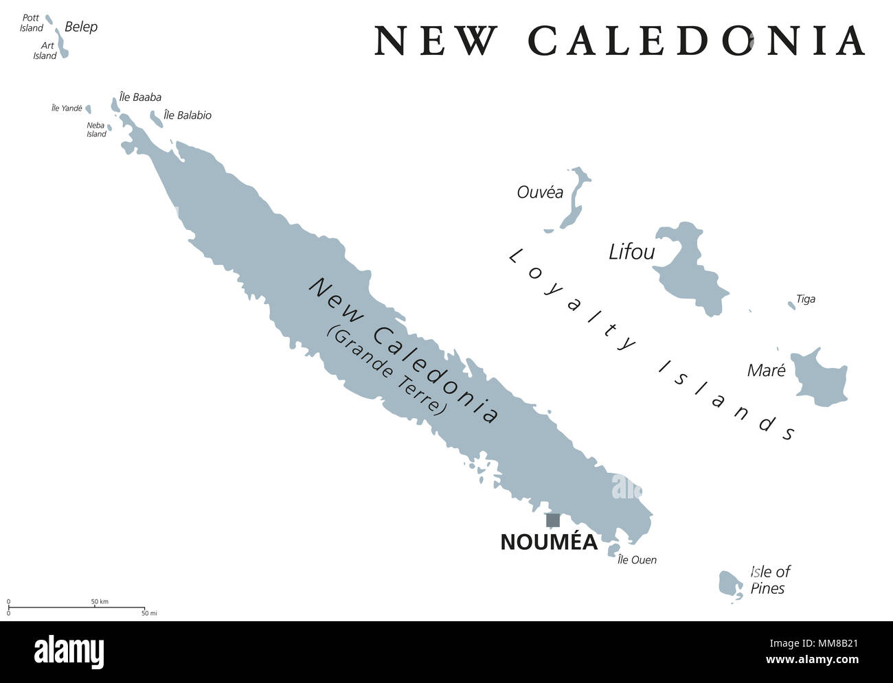 New Caledonia political map, capital Noumea. Collectivity of France in Pacific Ocean. Archipelago. Main Island Grand Terre and Loyalty Islands. Stock Photo