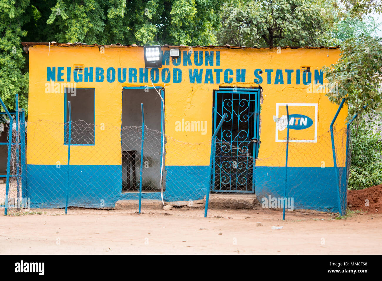 Front exterior Neighborhood Watch Station which is used as local jail, of Mukuni Village, Zambia Stock Photo
