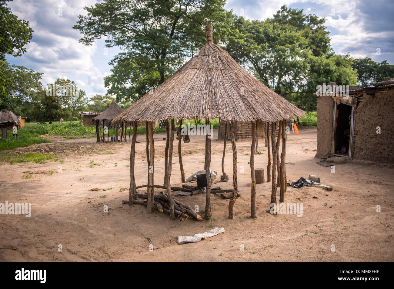 Thatchedroof hut found in village provides cover and shade