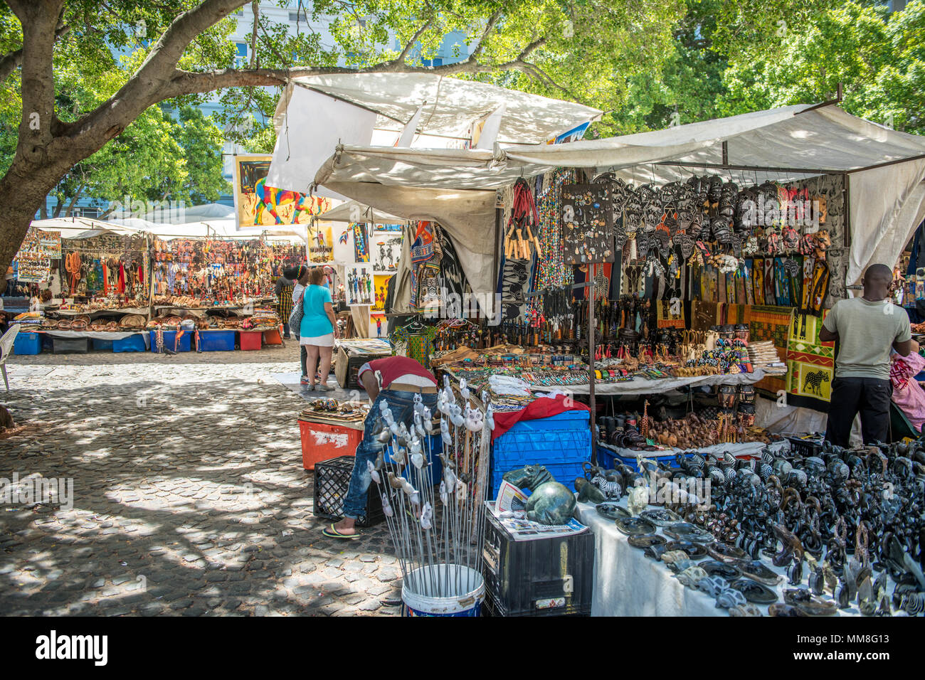 Tents filled with souvenirs for sale at the Green Market Square in Cape