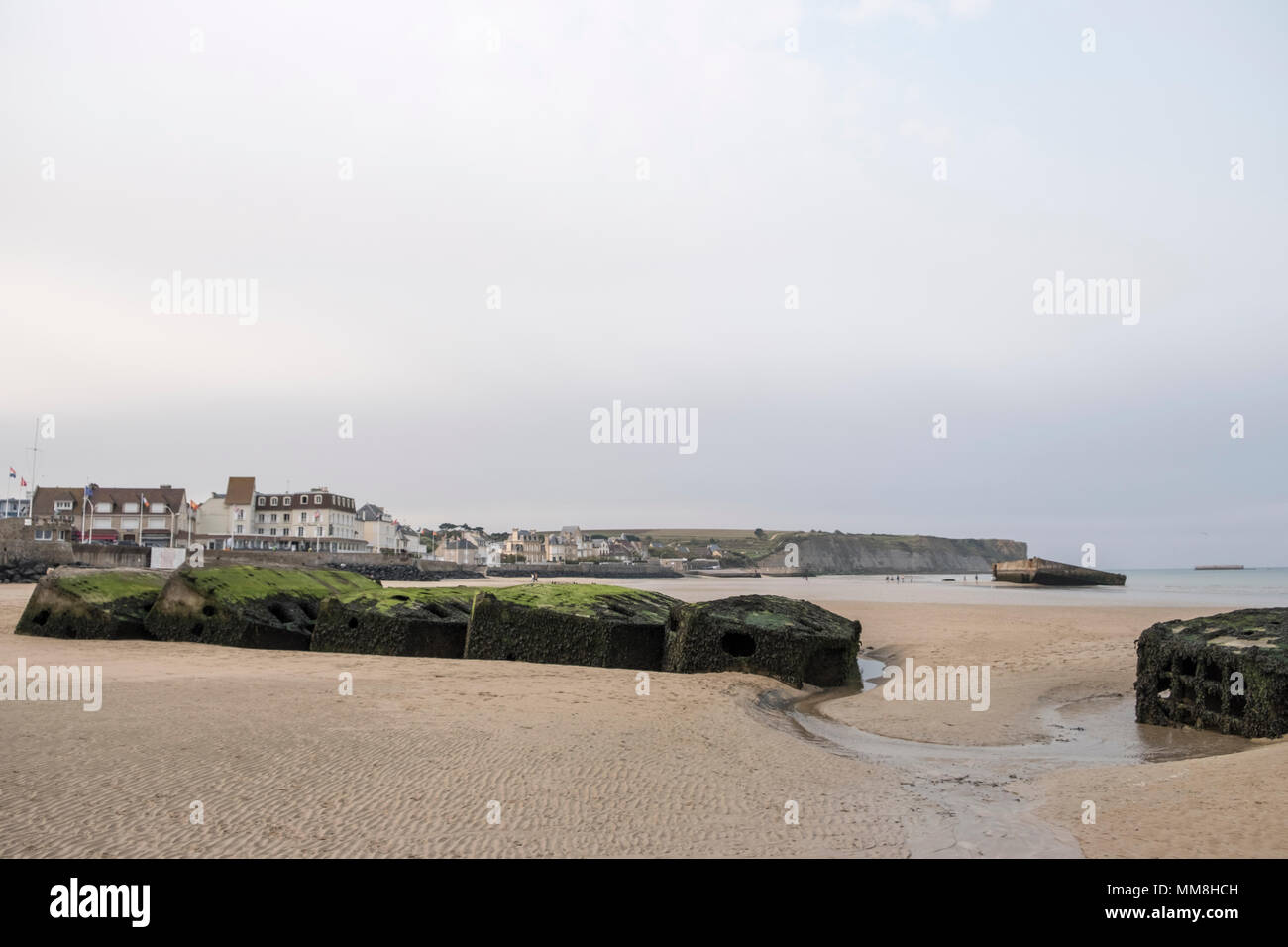 Mulberry temporary Harbour from World War Two Arromanches, Normandy, France Stock Photo