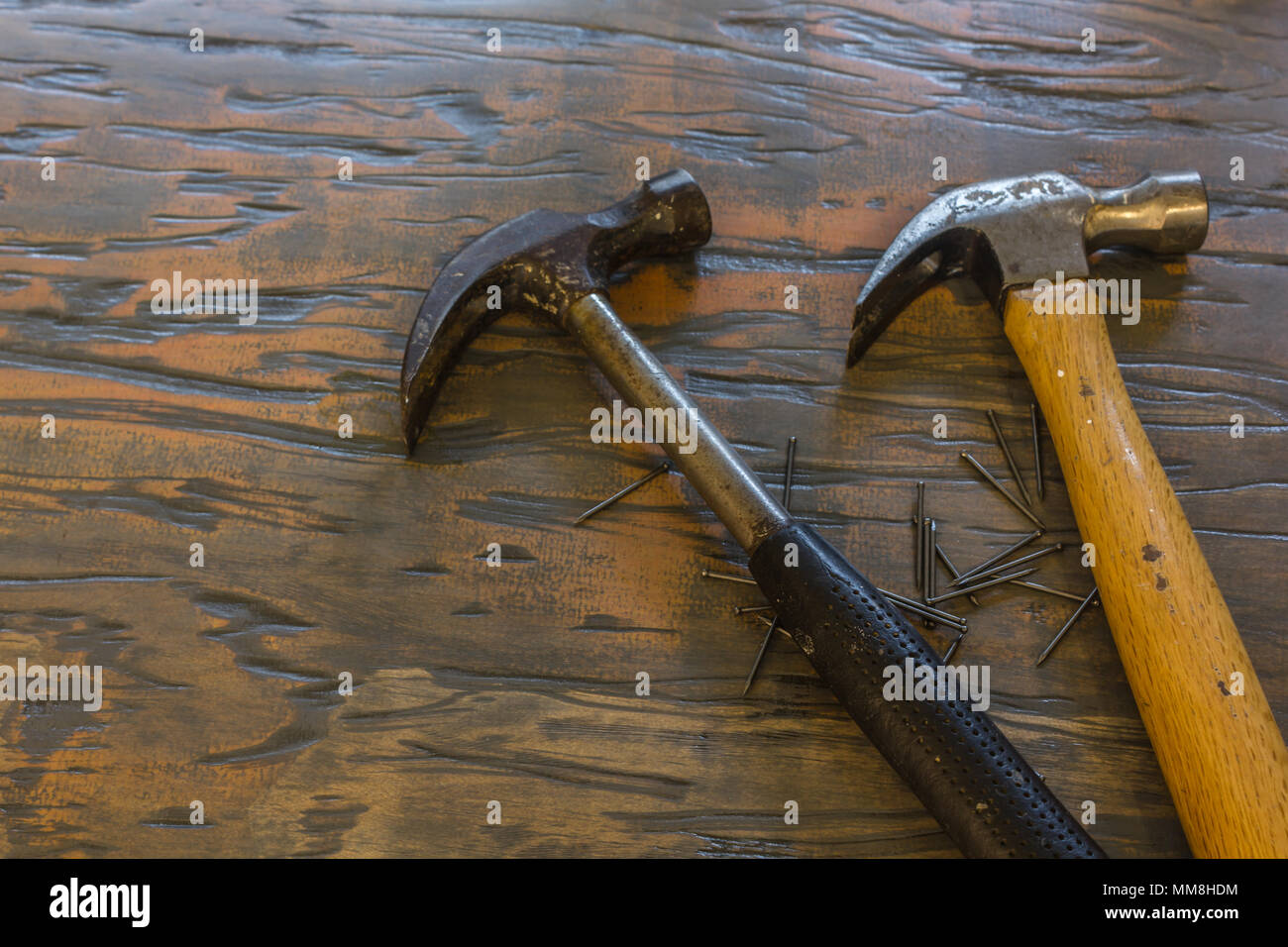 tabletop with hammers and nails Stock Photo
