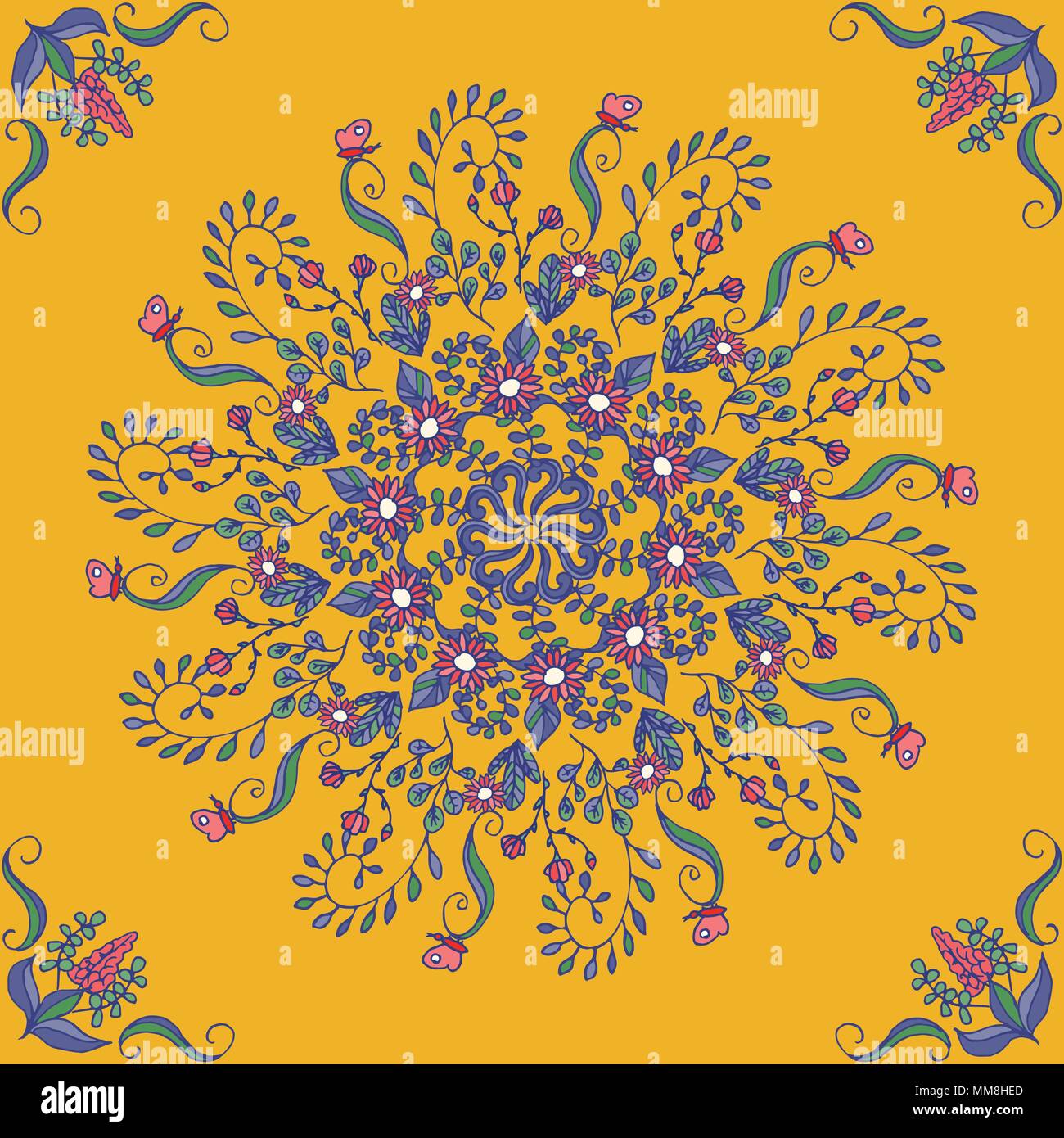 Rich with saturated colors, beautiful medieval ornament. Seamless floral pattern of circular floral elements. Vector design of mandalas. Template for textiles, shawl, bed linen, carpets, cushions Stock Vector