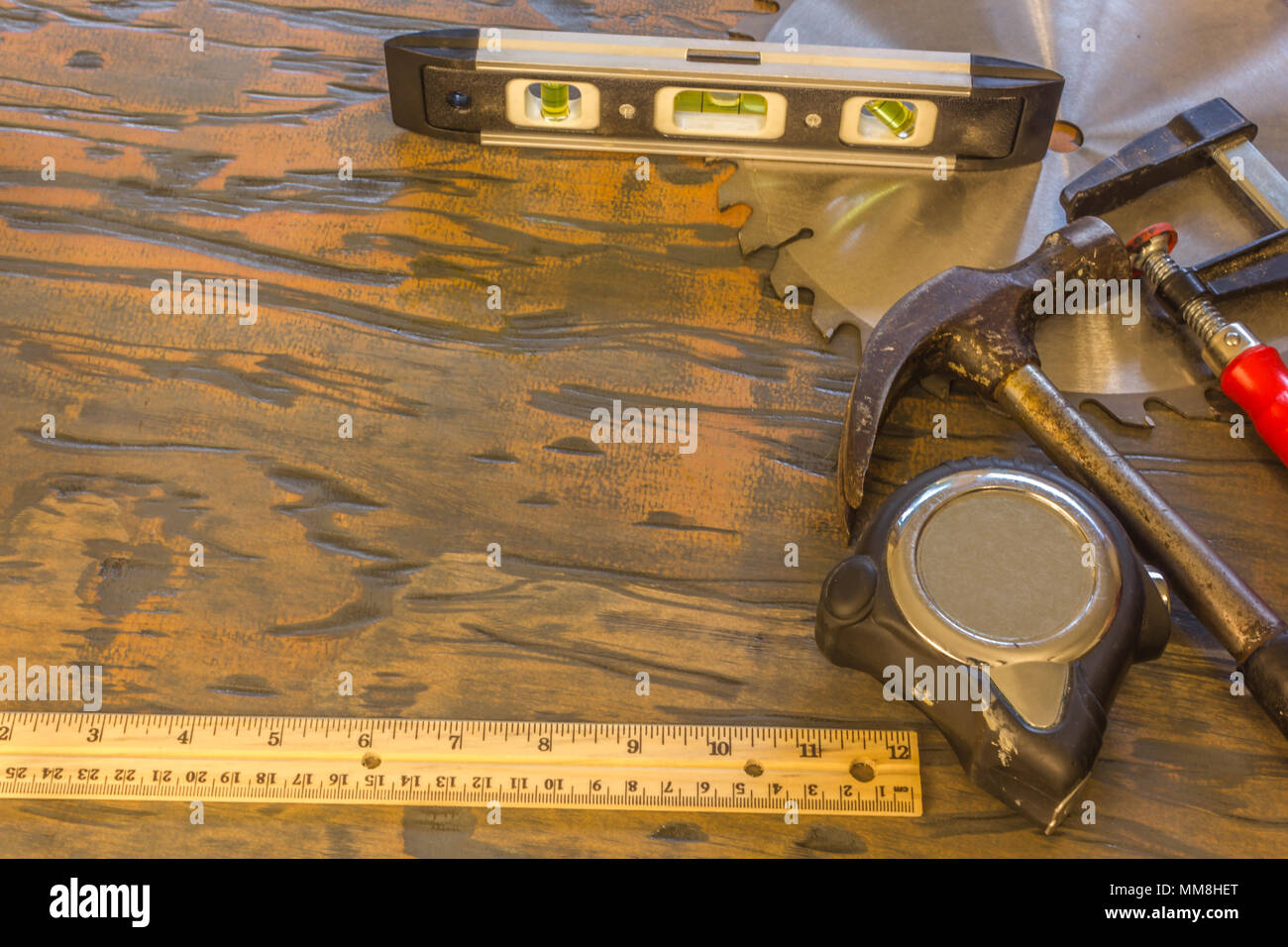 wood table with tools with grain background Stock Photo Alamy